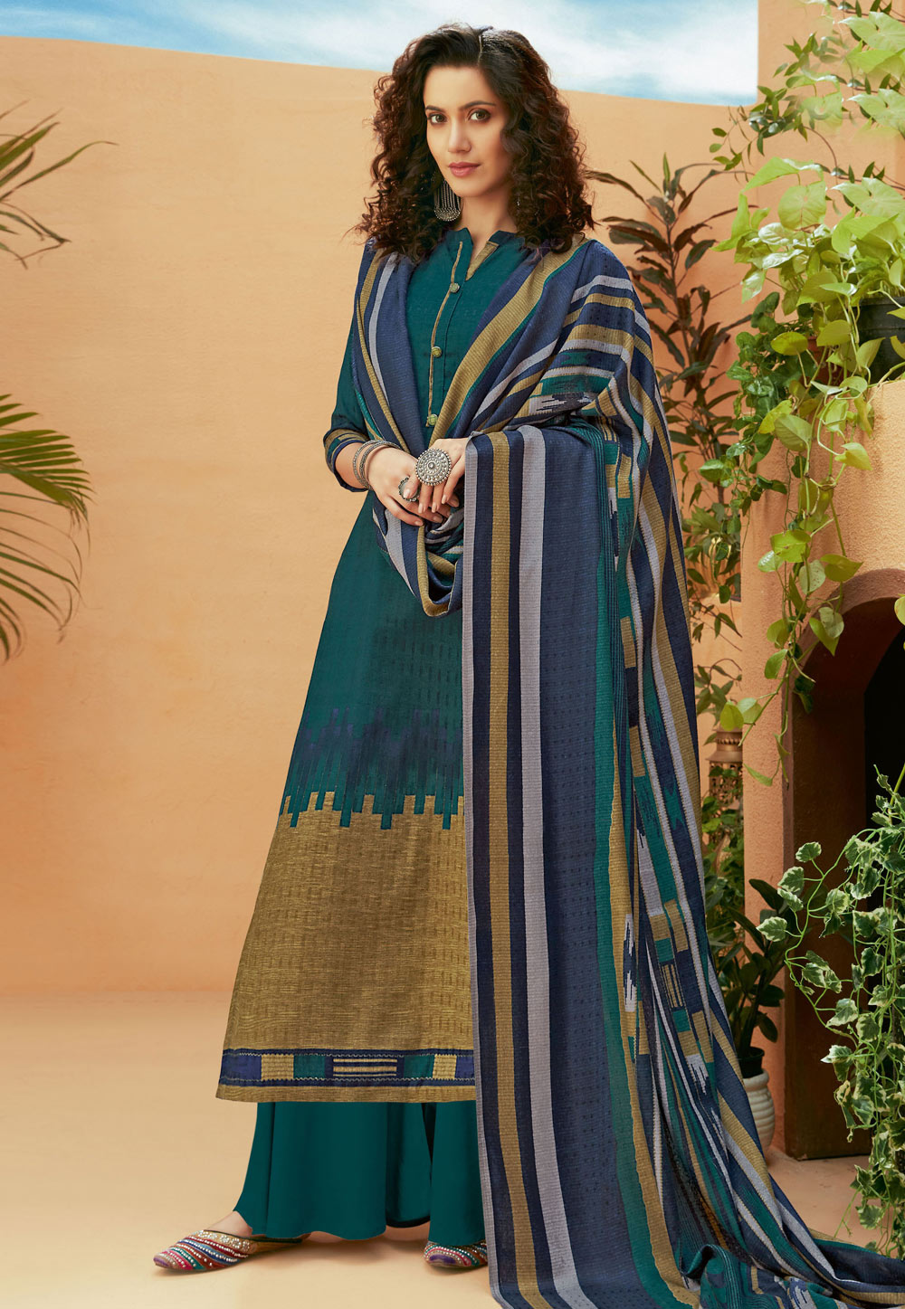 Teal Pashmina Palazzo Suit 211010