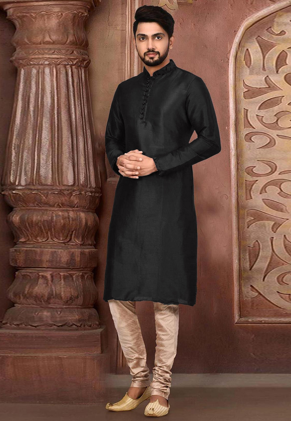Black Dupion Silk Kurta Pajama 235436