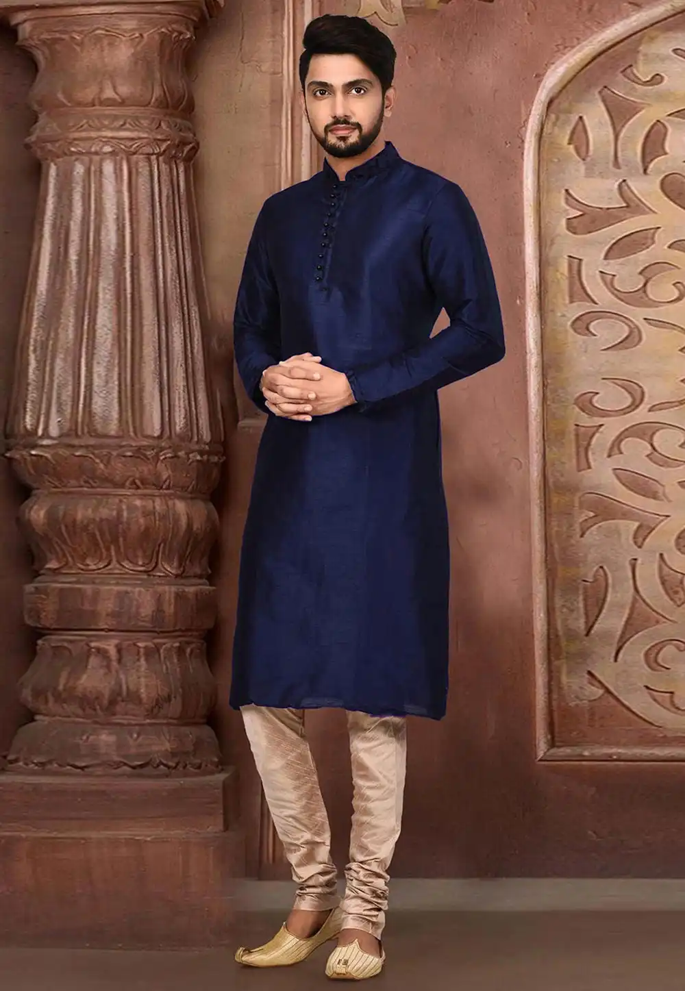 Navy Blue Dupion Silk Kurta Pajama 235439