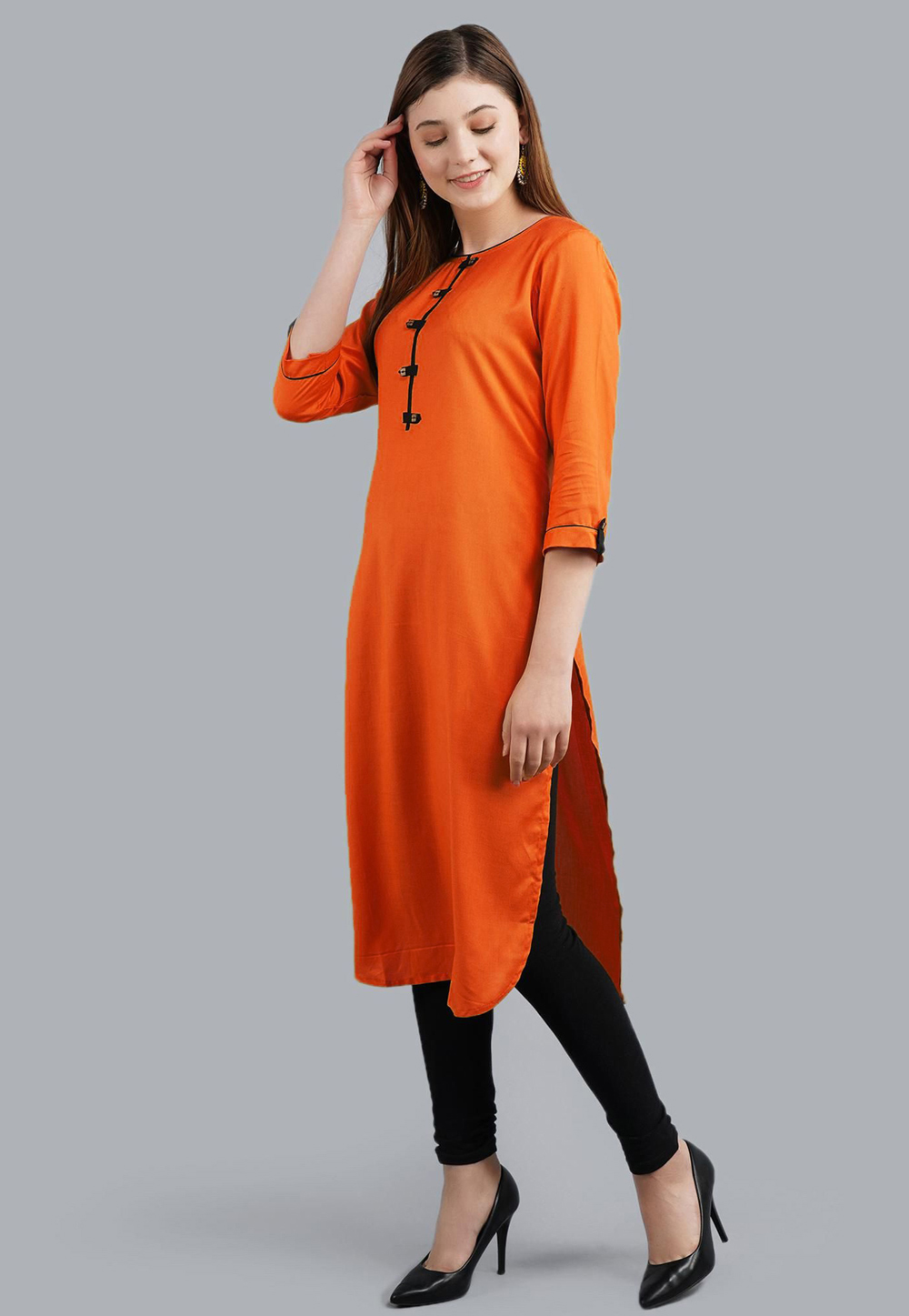 Orange Rayon Kurta Set With Legging 219417