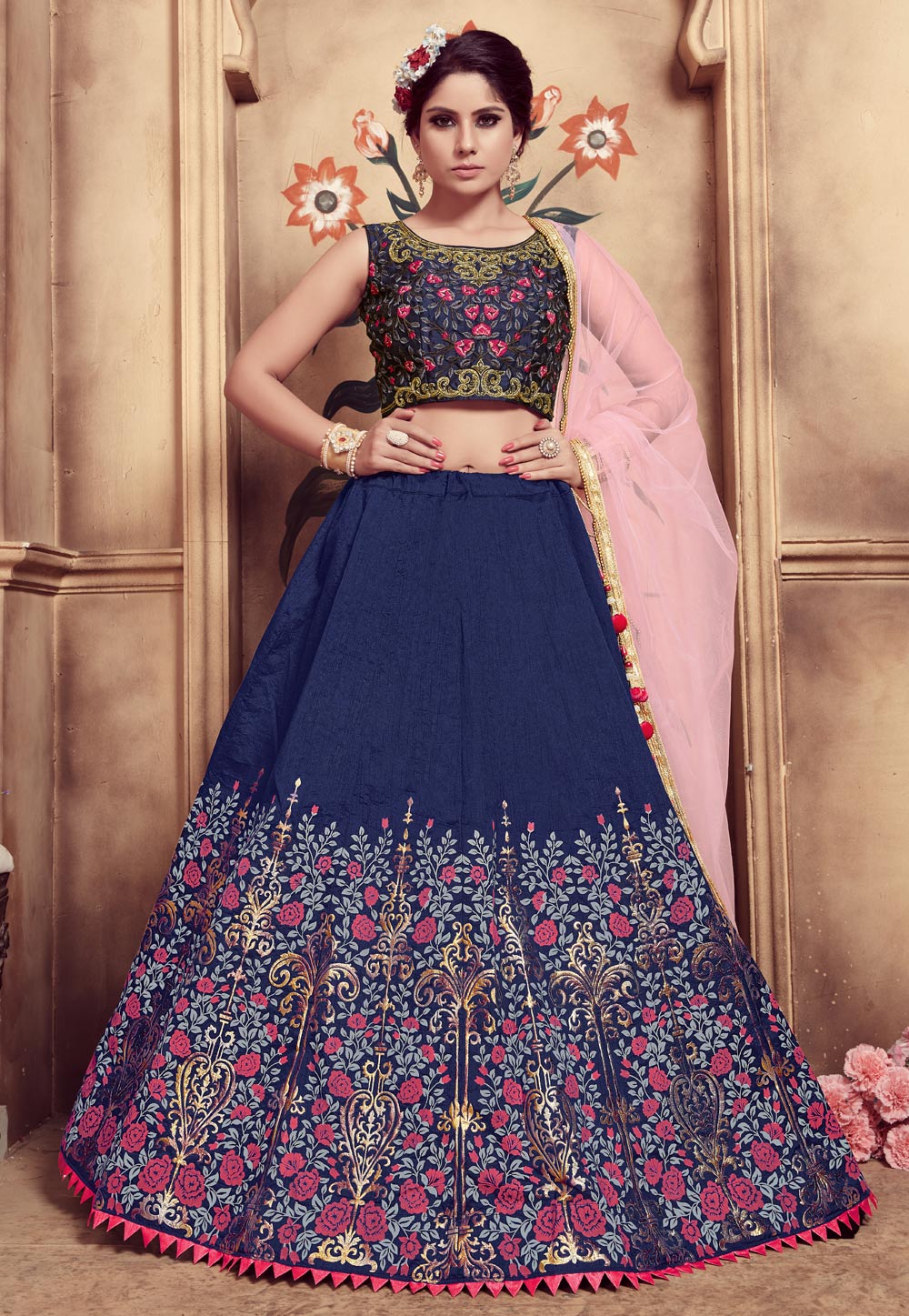 Navy Blue Silk Embroidered Circular Lehenga Choli 169279