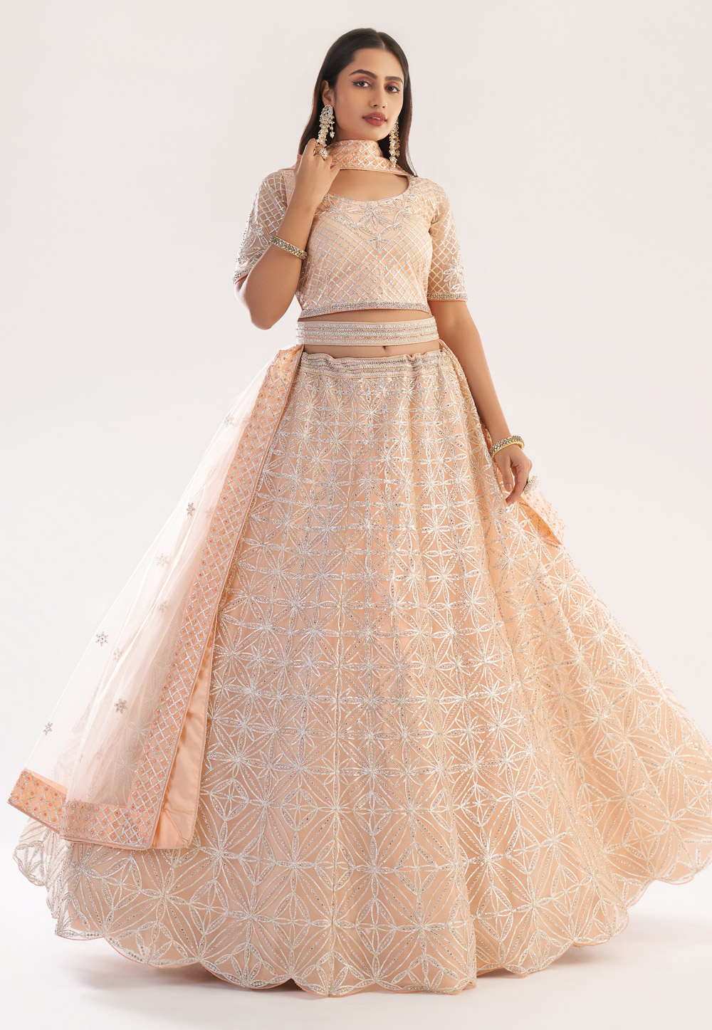 Peach Net Circular Lehenga Choli 239533