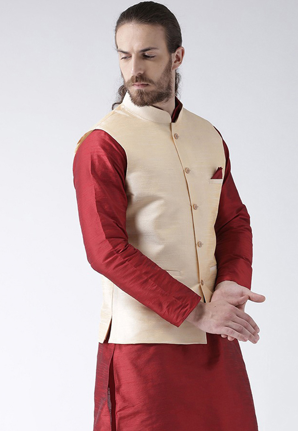 Cream Art Silk Nehru Jacket 235158