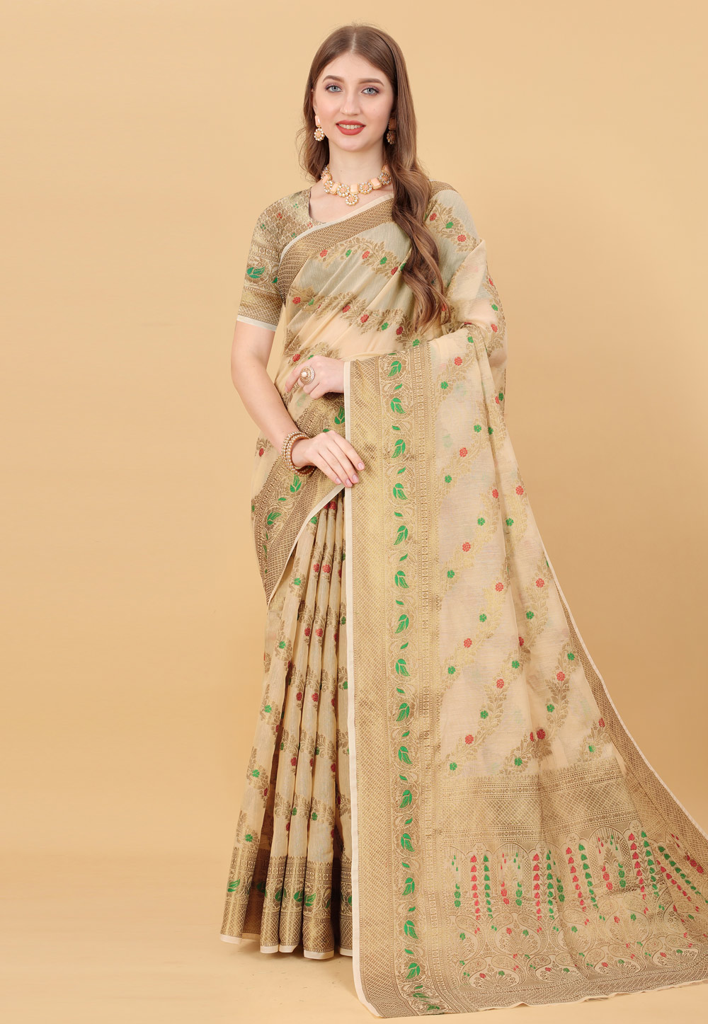 Beige Cotton Silk Saree With Blouse 246612