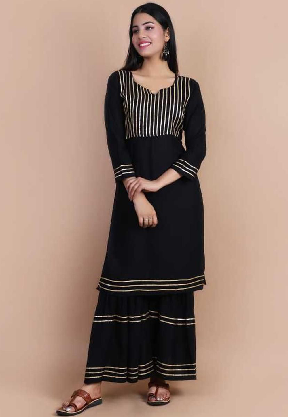 Black Rayon Readymade Kurta Set With Sharara 214558