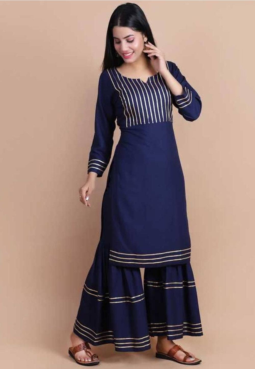 Navy Blue Rayon Readymade Kurta Set With Sharara 214560