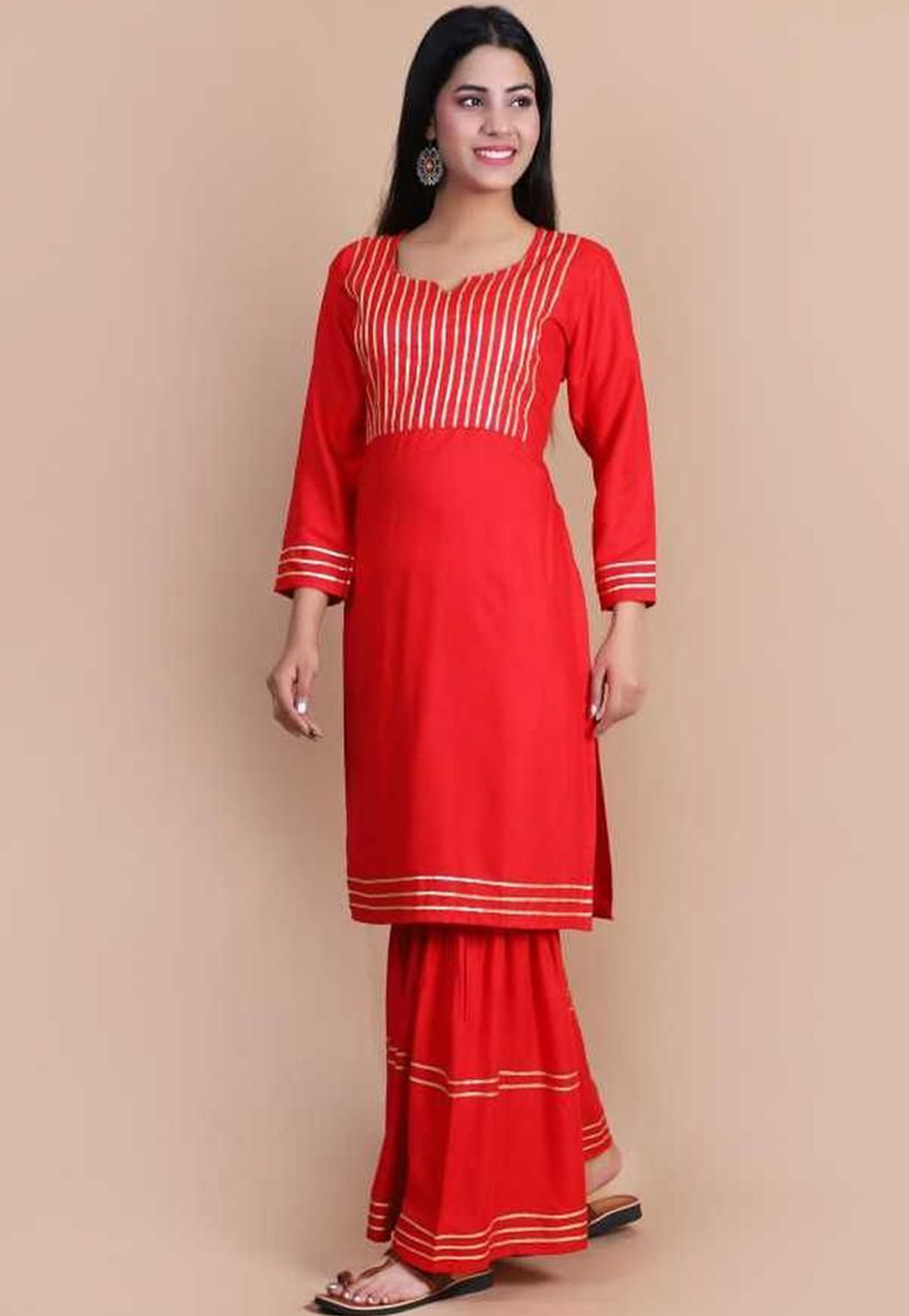 Red Rayon Readymade Kurta Set With Sharara 214562