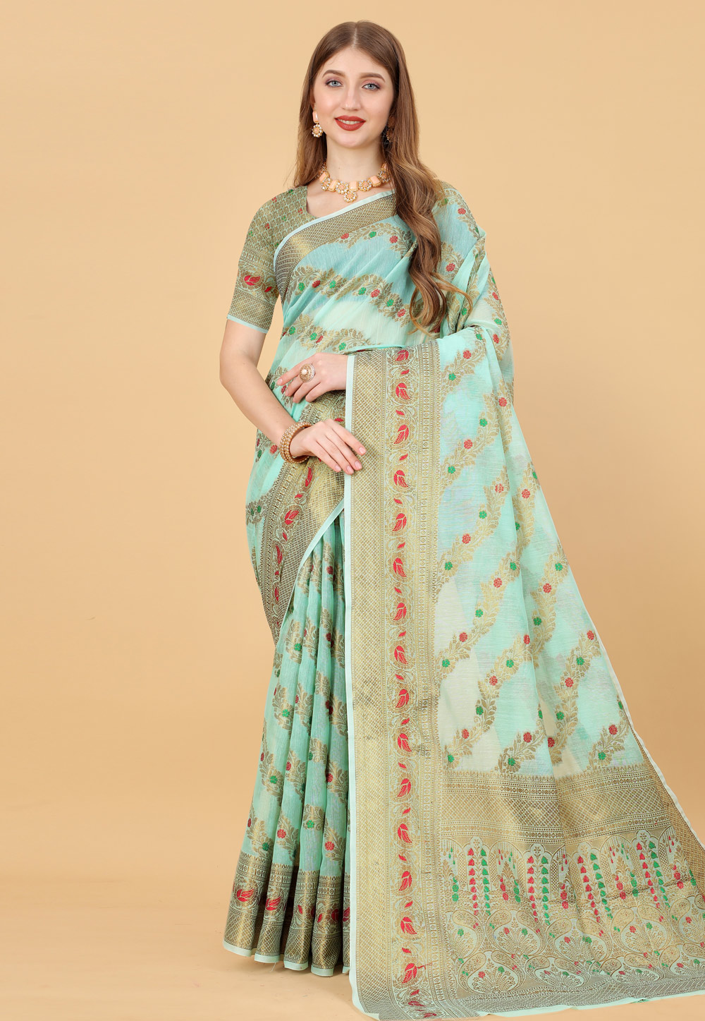 Sky Blue Cotton Silk Saree With Blouse 246613