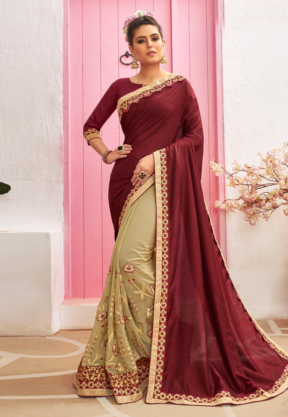 Maroon Chanderi Silk Half N Half Saree 212070
