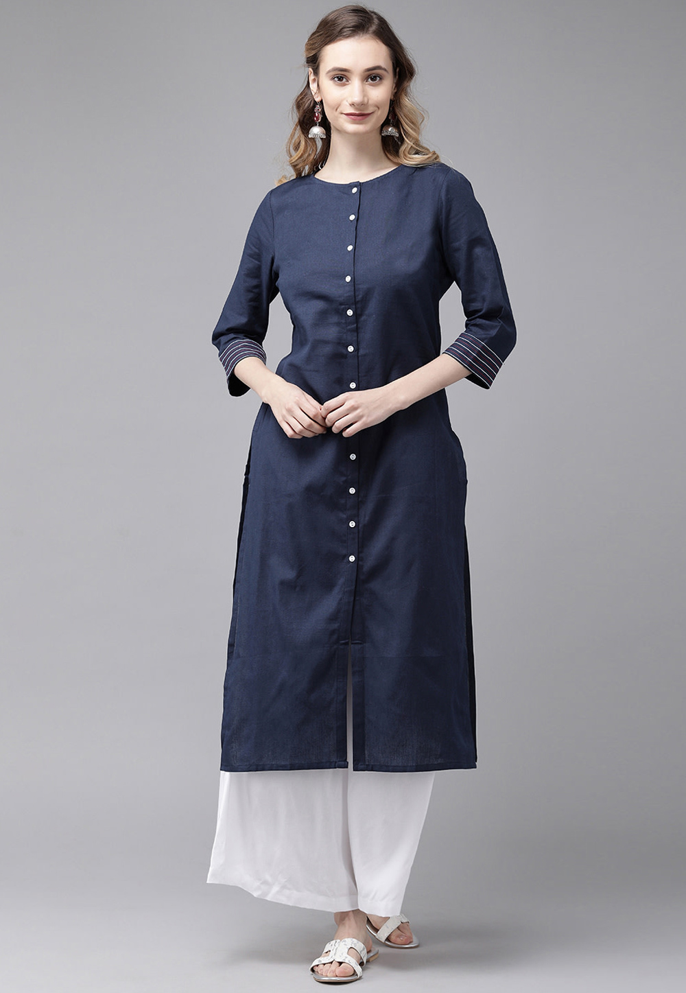 Navy Blue Rayon Readymade Kurta Set Palazzo 214564