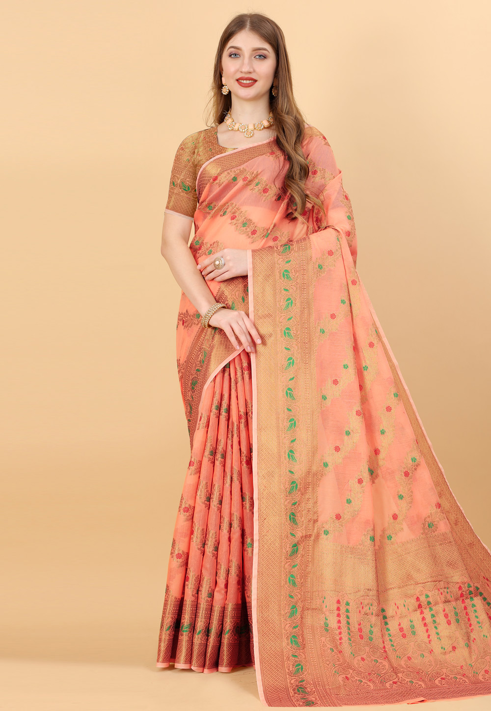 Peach Cotton Silk Saree With Blouse 246615