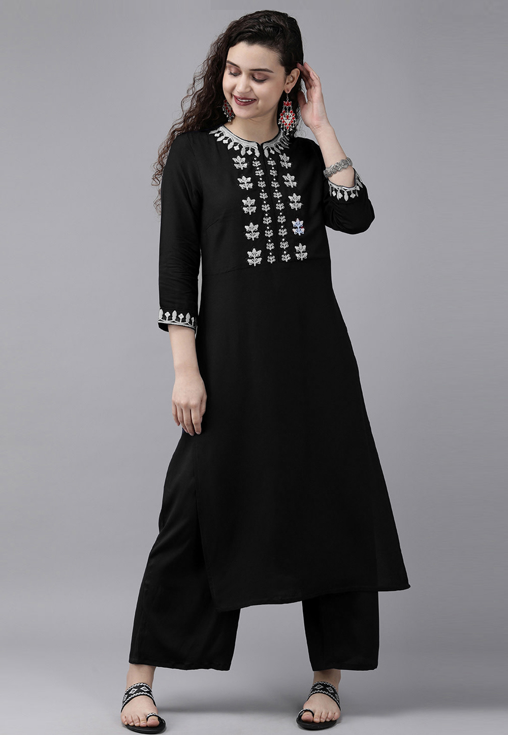 Black Rayon Kurta Set With Palazzo 219471