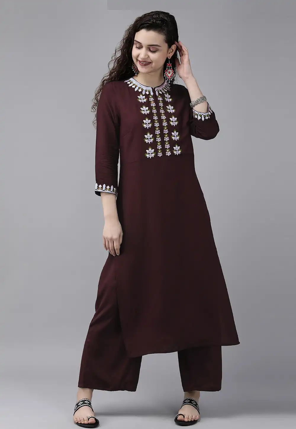 Wine Rayon Kurta Set With Palazzo 219472