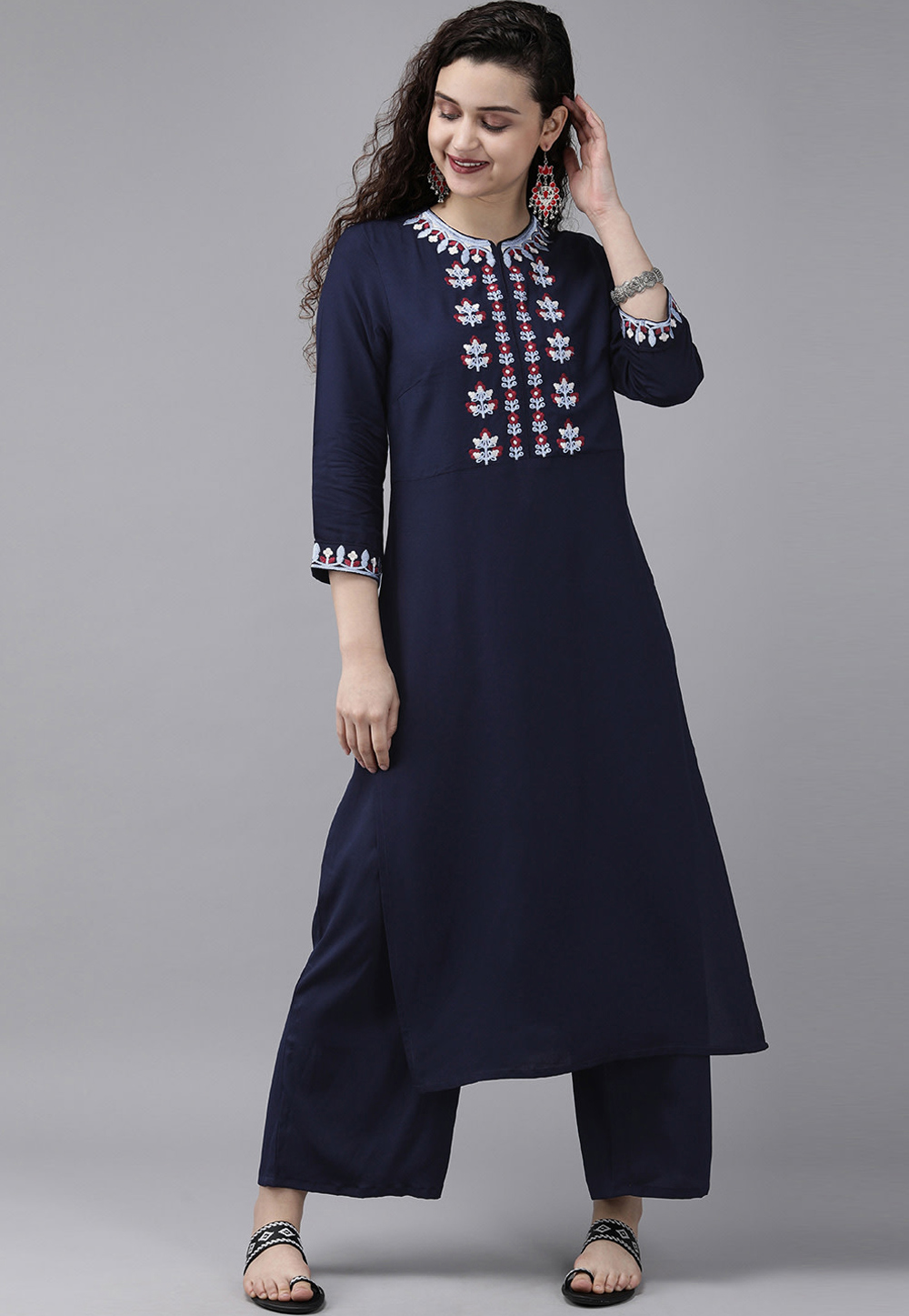 Navy Blue Rayon Readymade Kurta Set Palazzo 214565