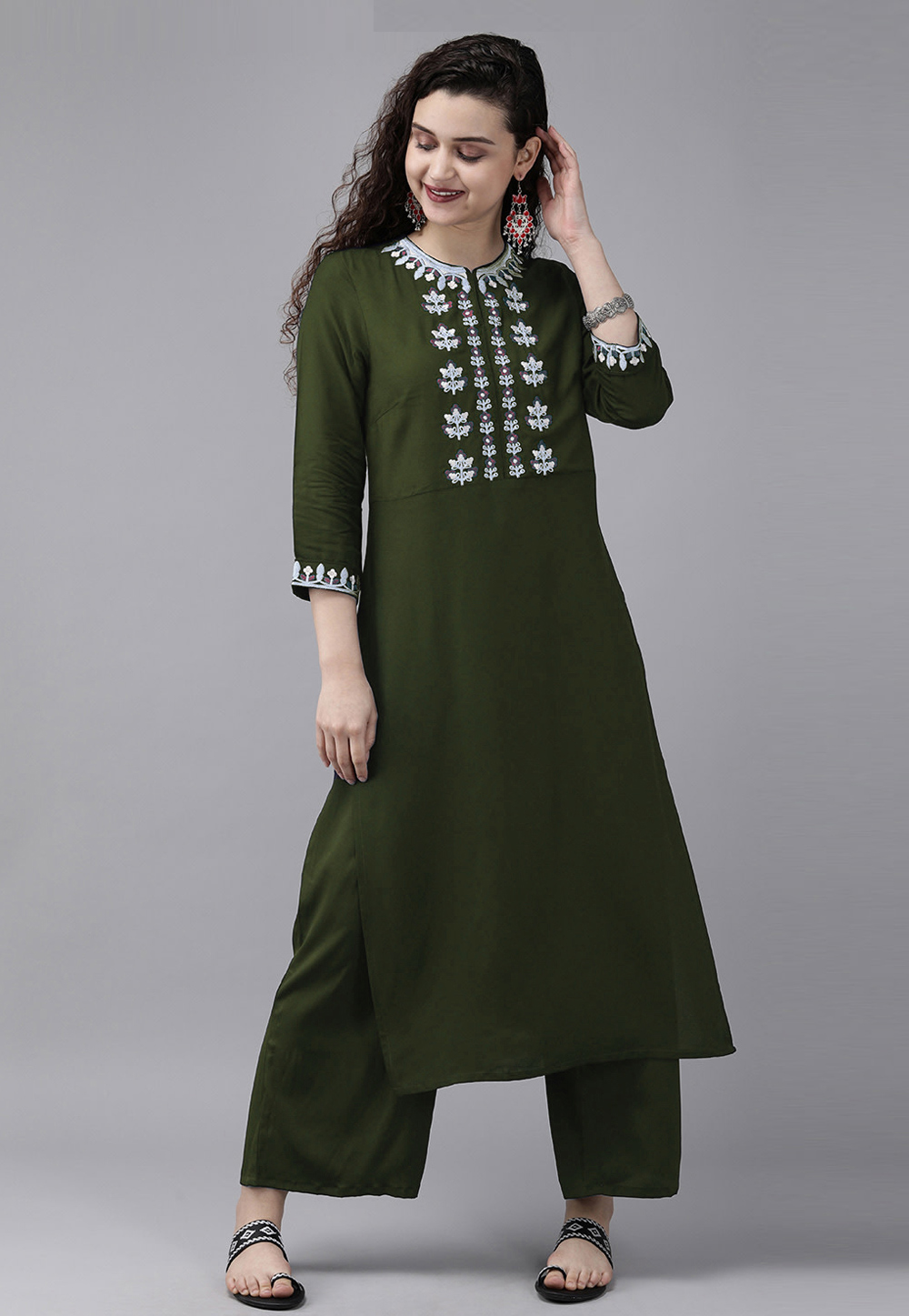 Mehndi Rayon Kurta Set With Palazzo 219474