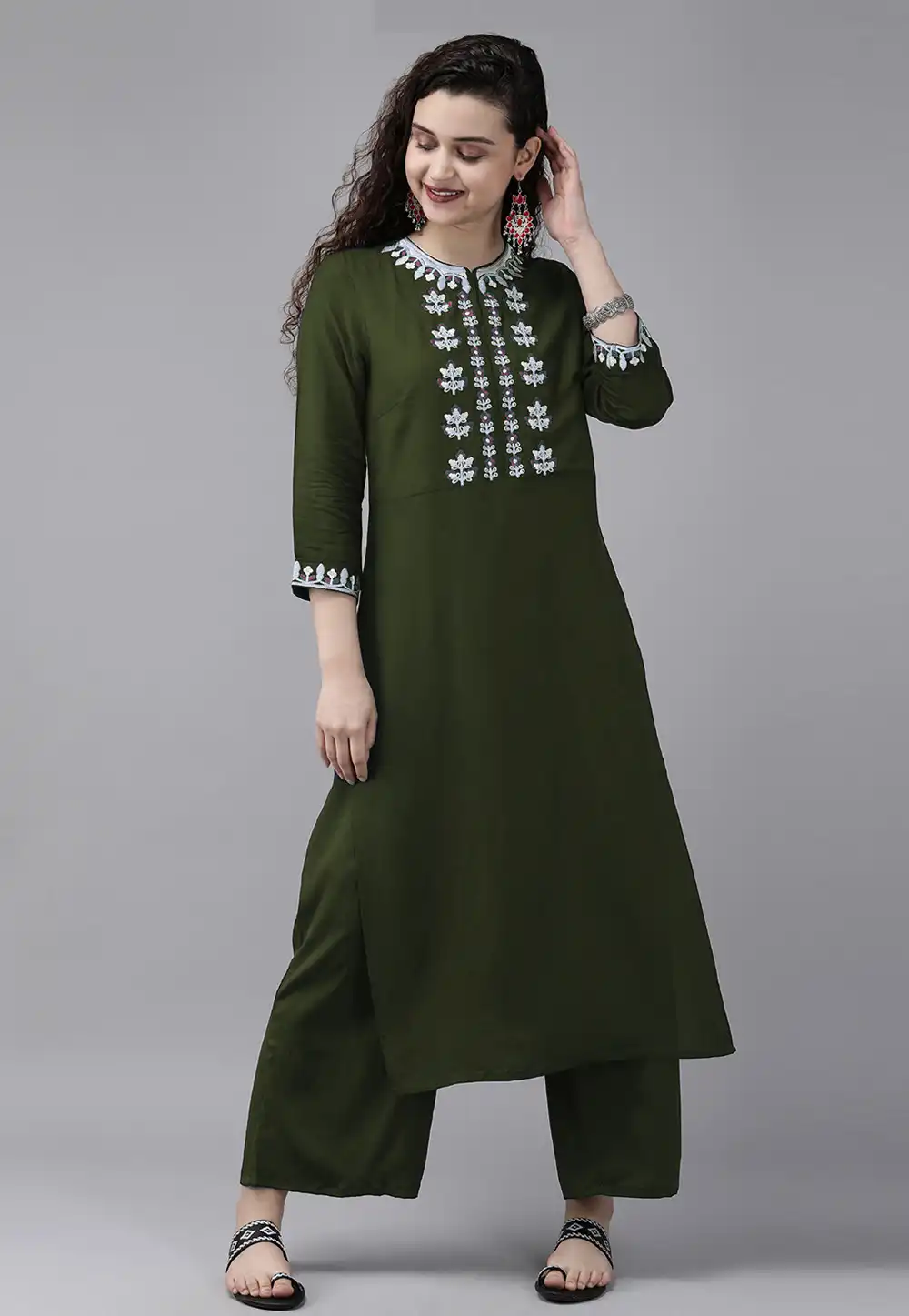 Mehndi Rayon Kurta Set With Palazzo 219474