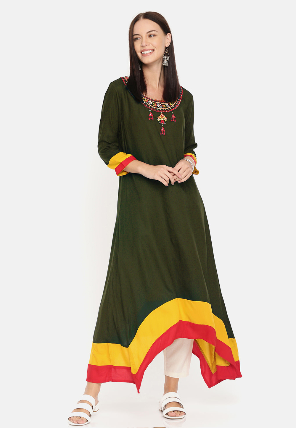 Mehndi Rayon Asymmetrical Kurta Set With Pant 219476