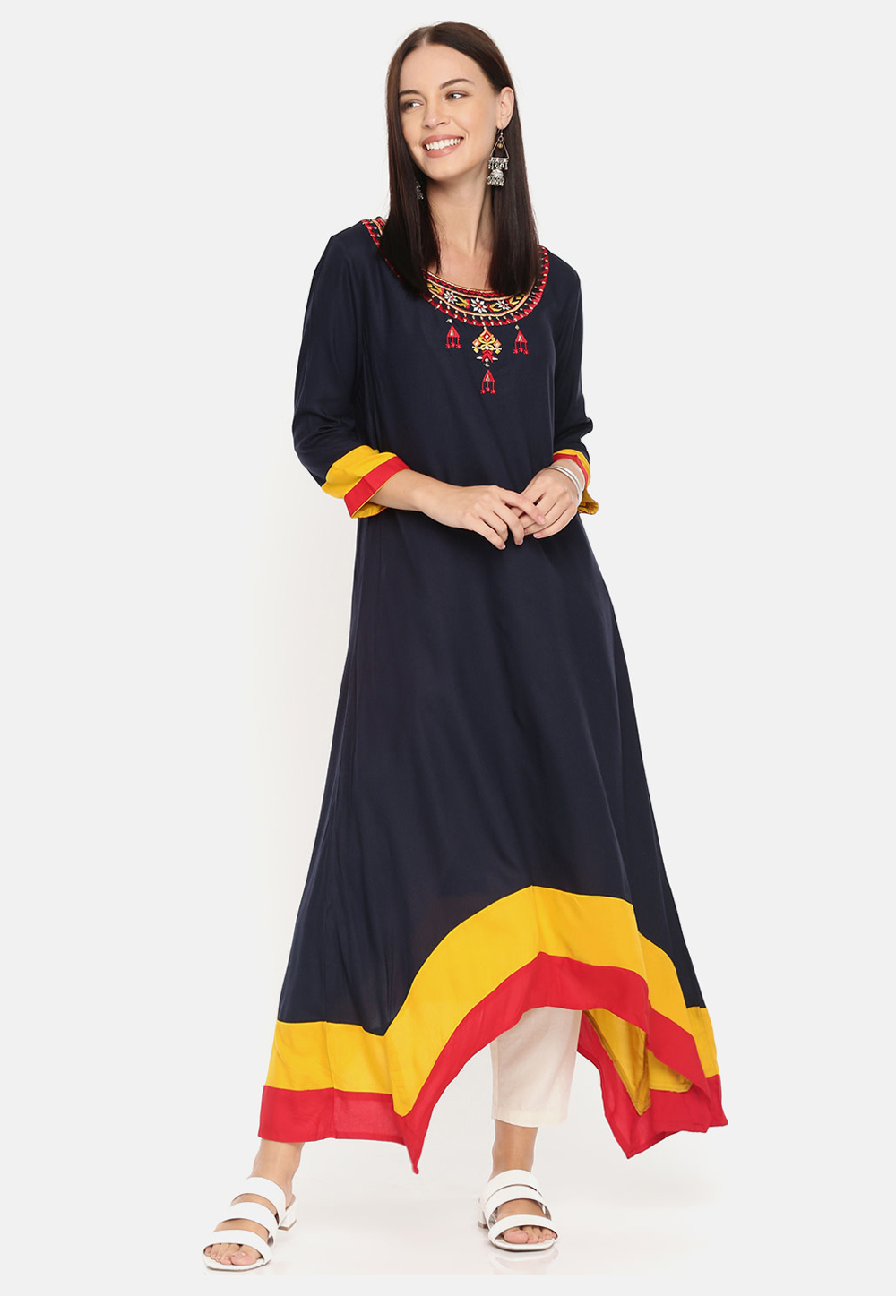 Navy Blue Rayon Readymade Kurta Set Pant 214566