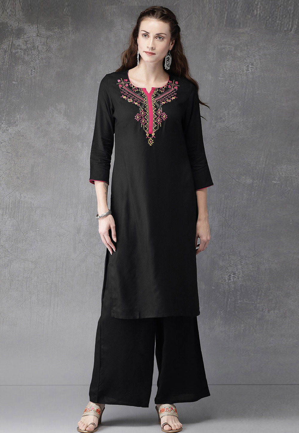Black Rayon Kurta Set With Palazzo 219479