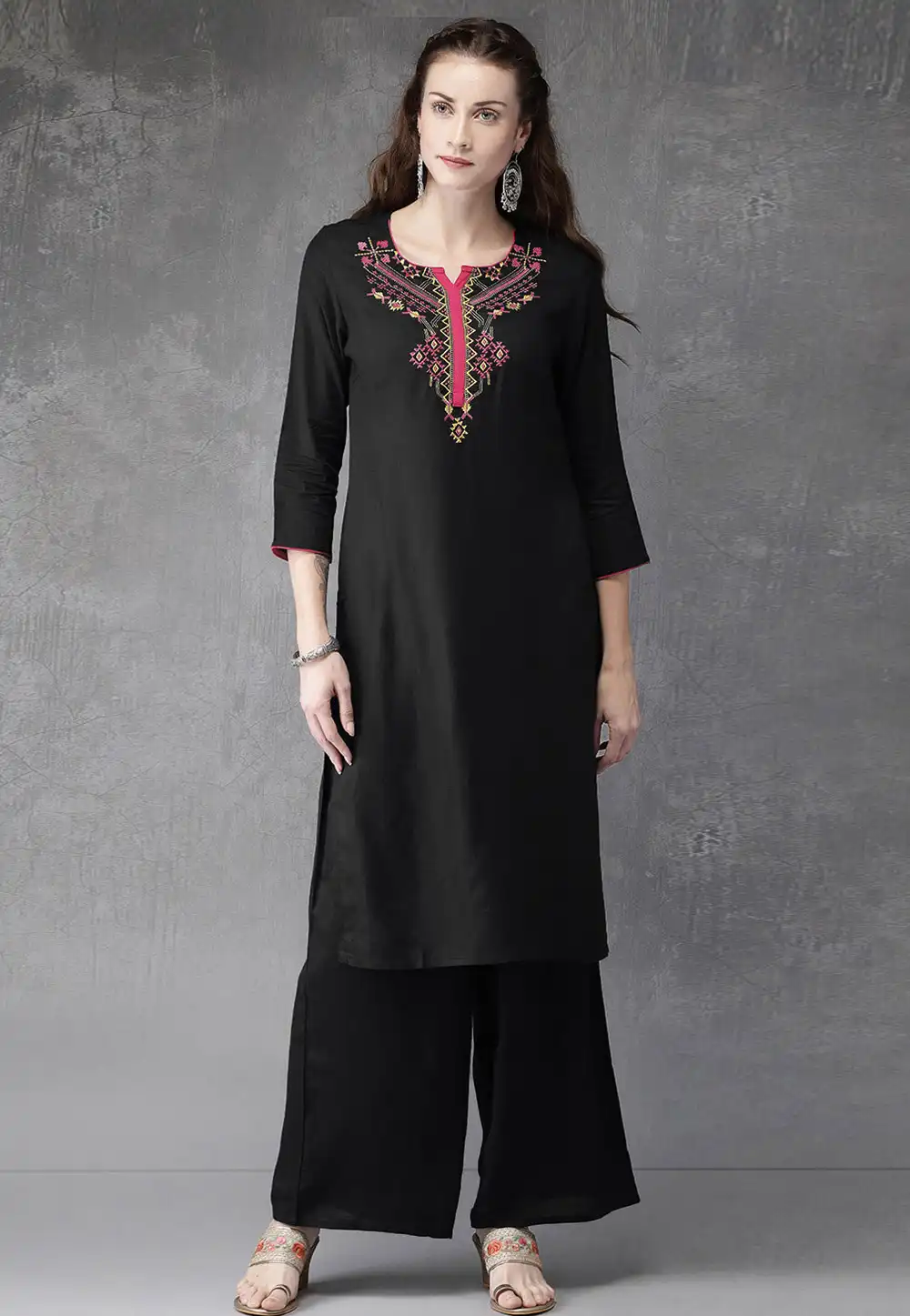 Black Rayon Kurta Set With Palazzo 219479