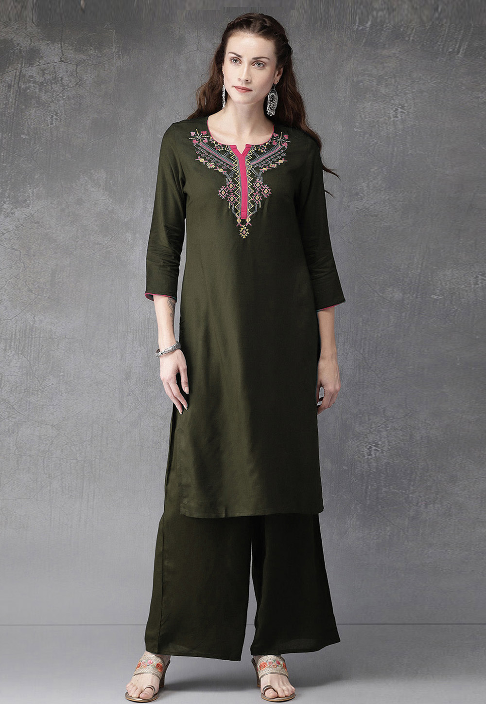 Mehndi Rayon Kurta Set With Palazzo 219480
