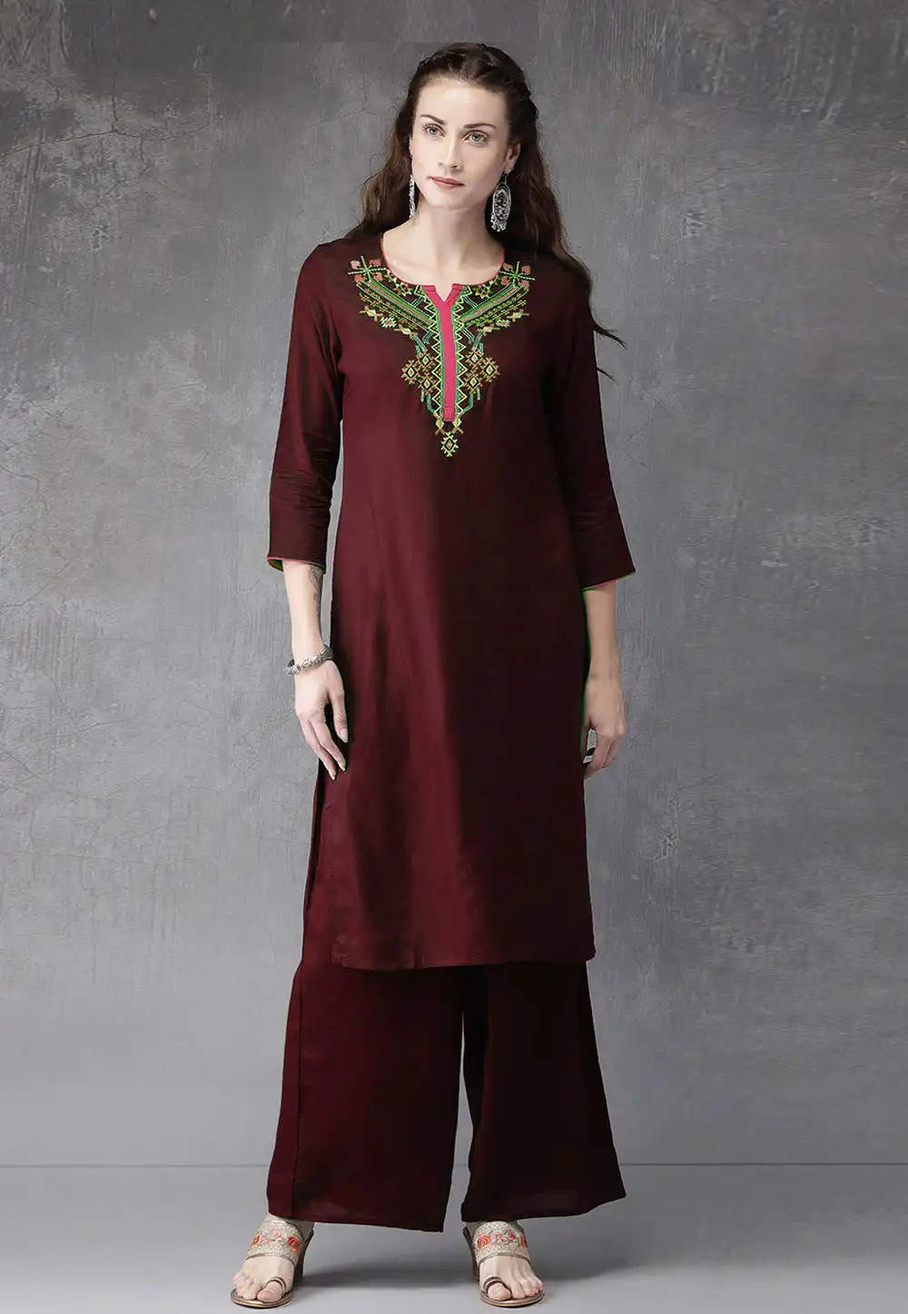 Maroon Rayon Kurta Set With Palazzo 219481