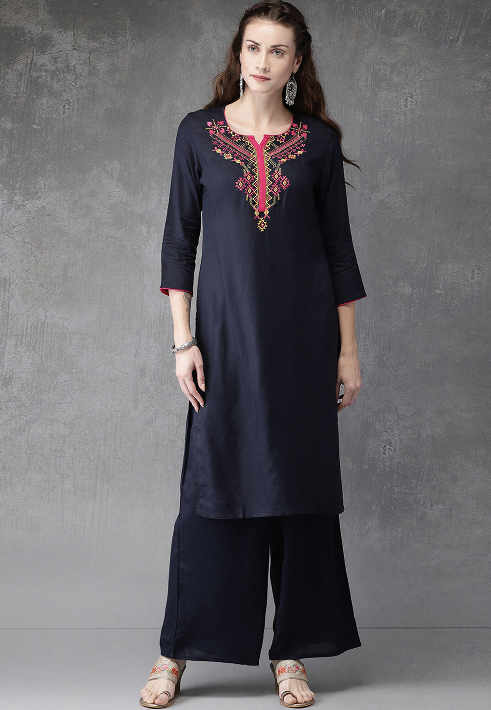 Navy Blue Rayon Readymade Kurta Set Palazzo 214567
