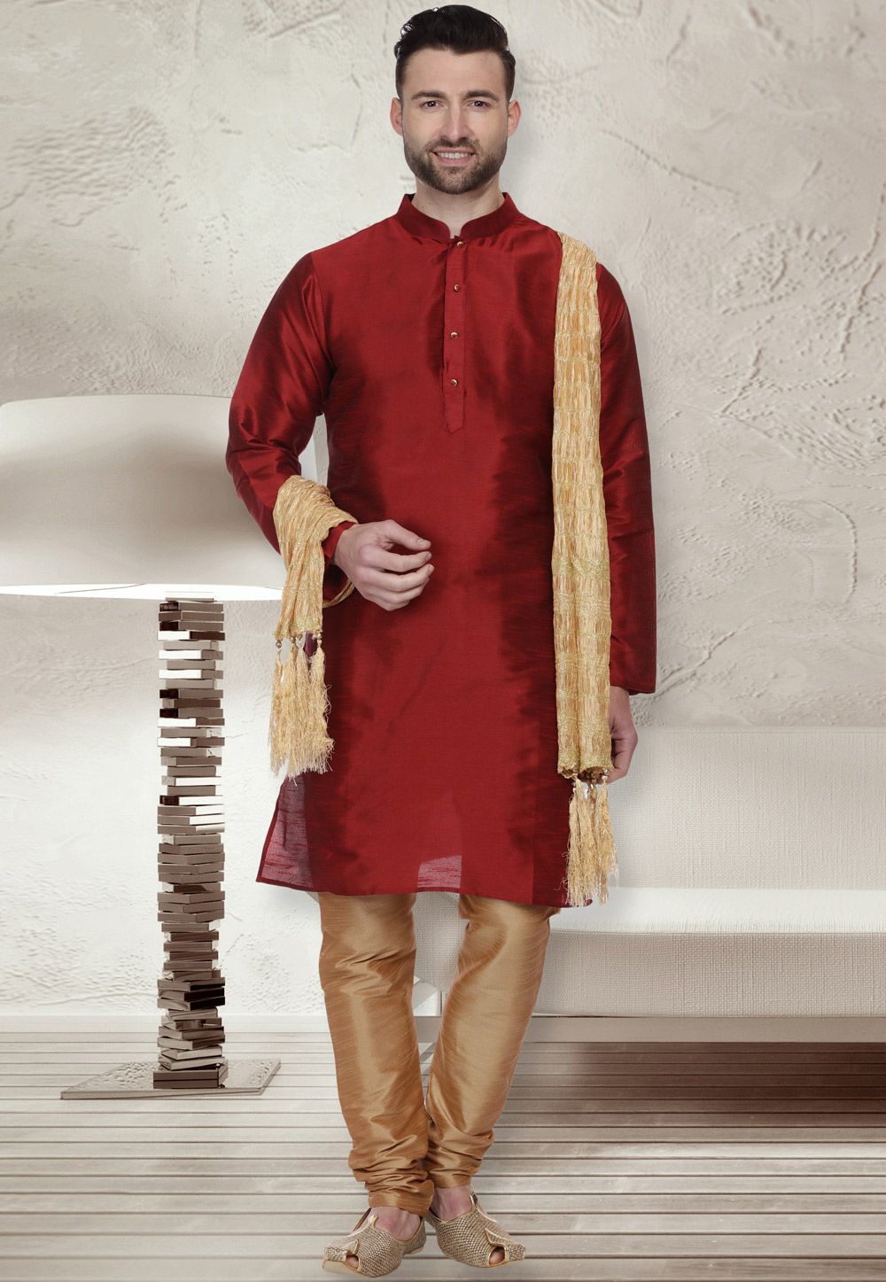 Maroon Dupion Silk Readymade Kurta Pajama 160966