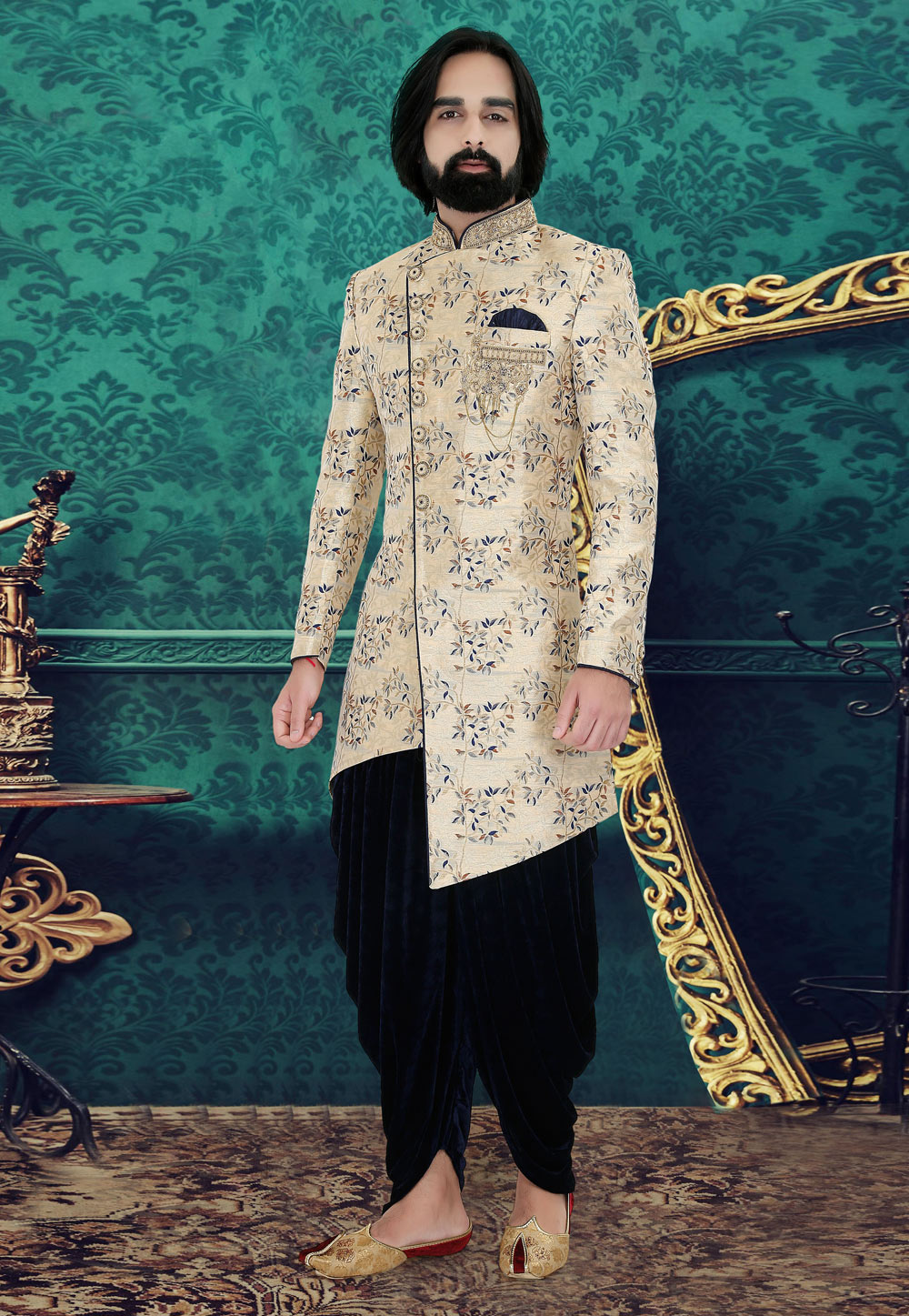 Cream Brocade Readymade Dhoti Sherwani 212328