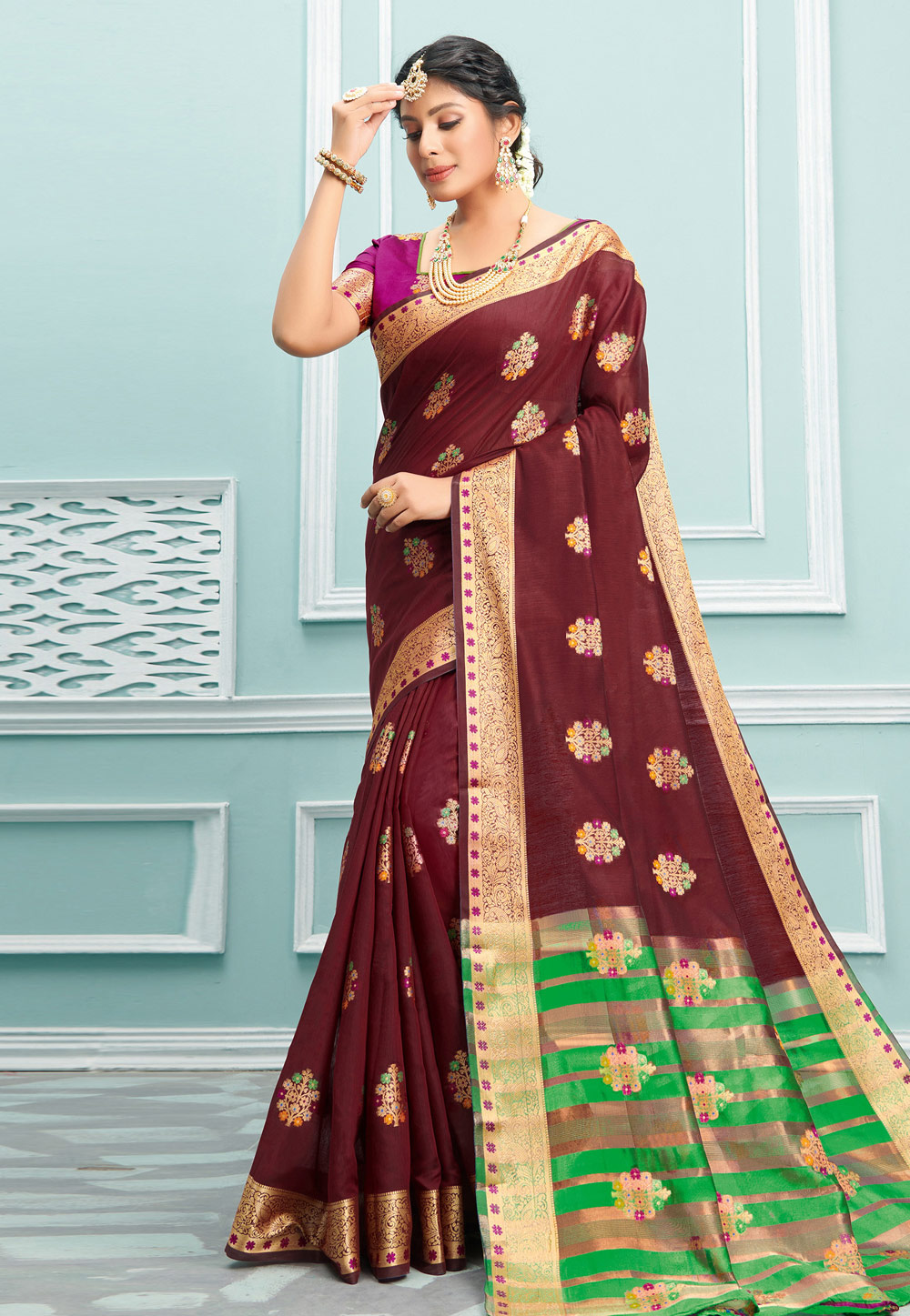 Maroon Cotton Saree With Blouse 212359