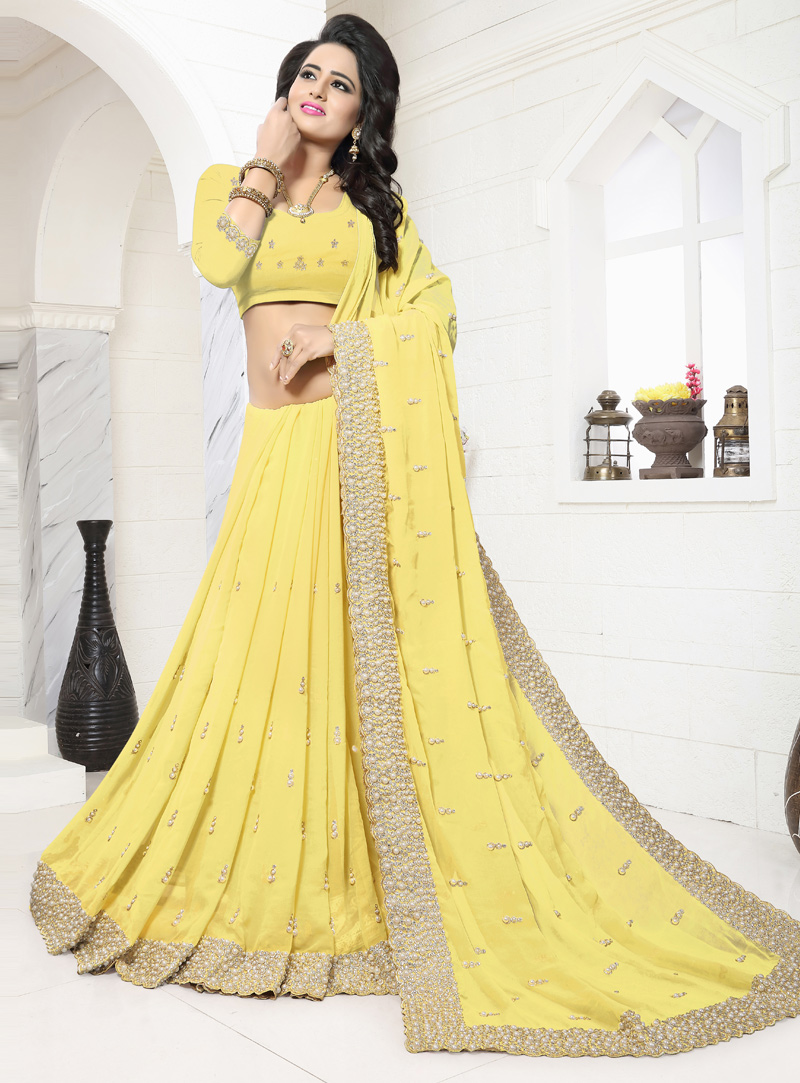 Yellow Georgette Moti Work Saree 117207