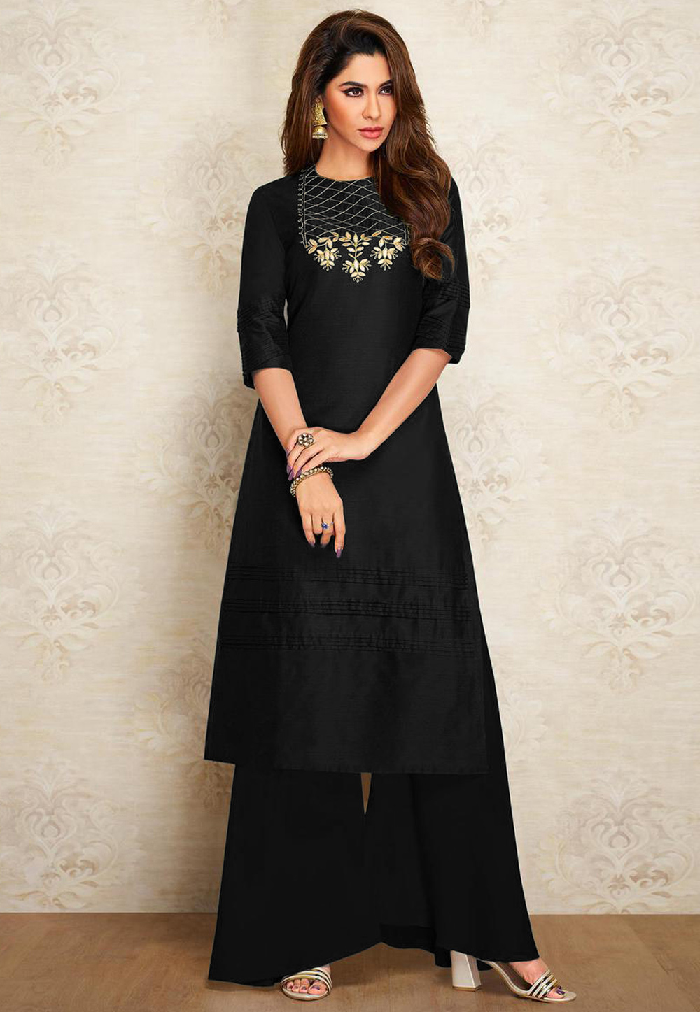 Black Dupion Silk Kurta Set With Palazzo 219488
