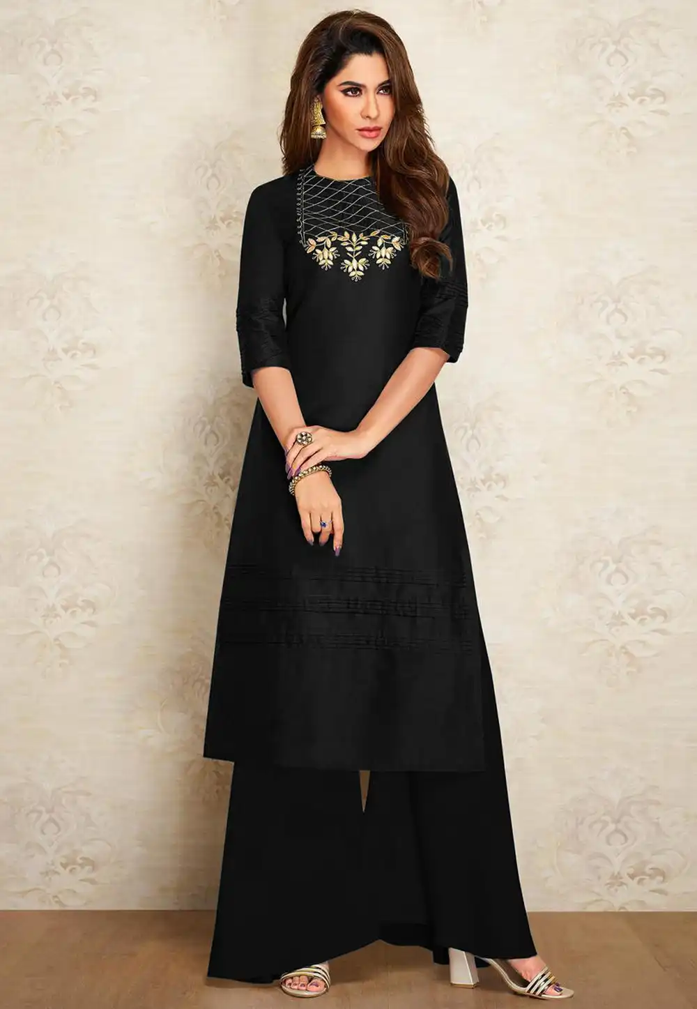 Black Dupion Silk Kurta Set With Palazzo 219488