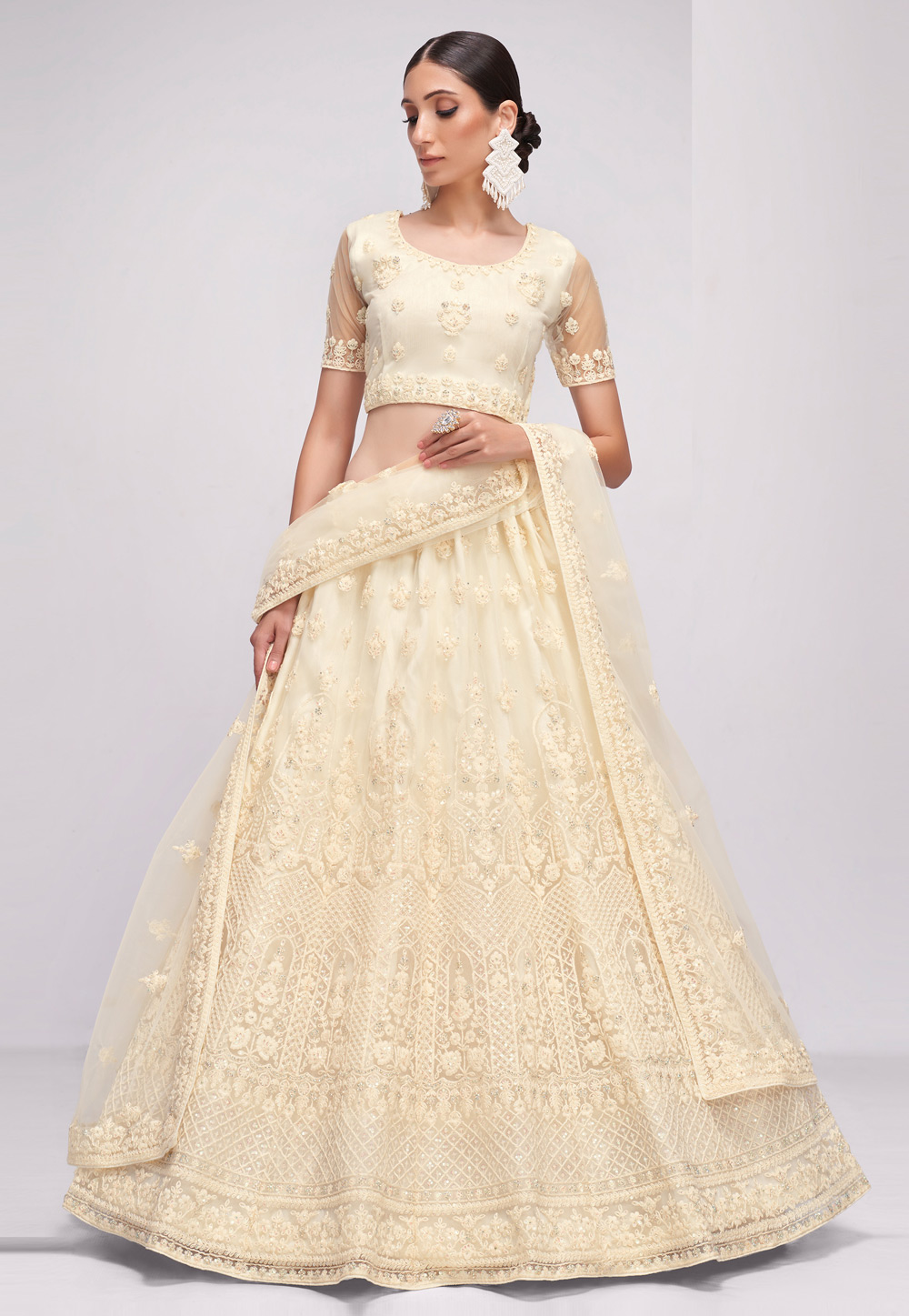 Off White Net A Line Lehenga Choli 250682