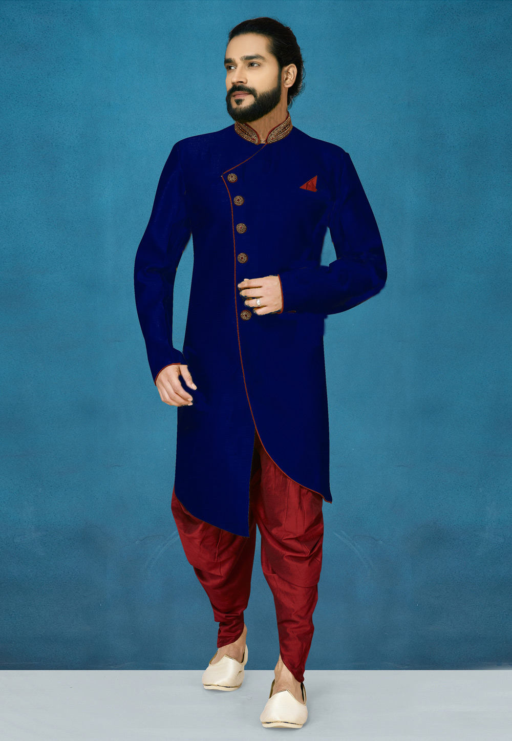 Navy Blue Art Silk Indo Western Suit 244652