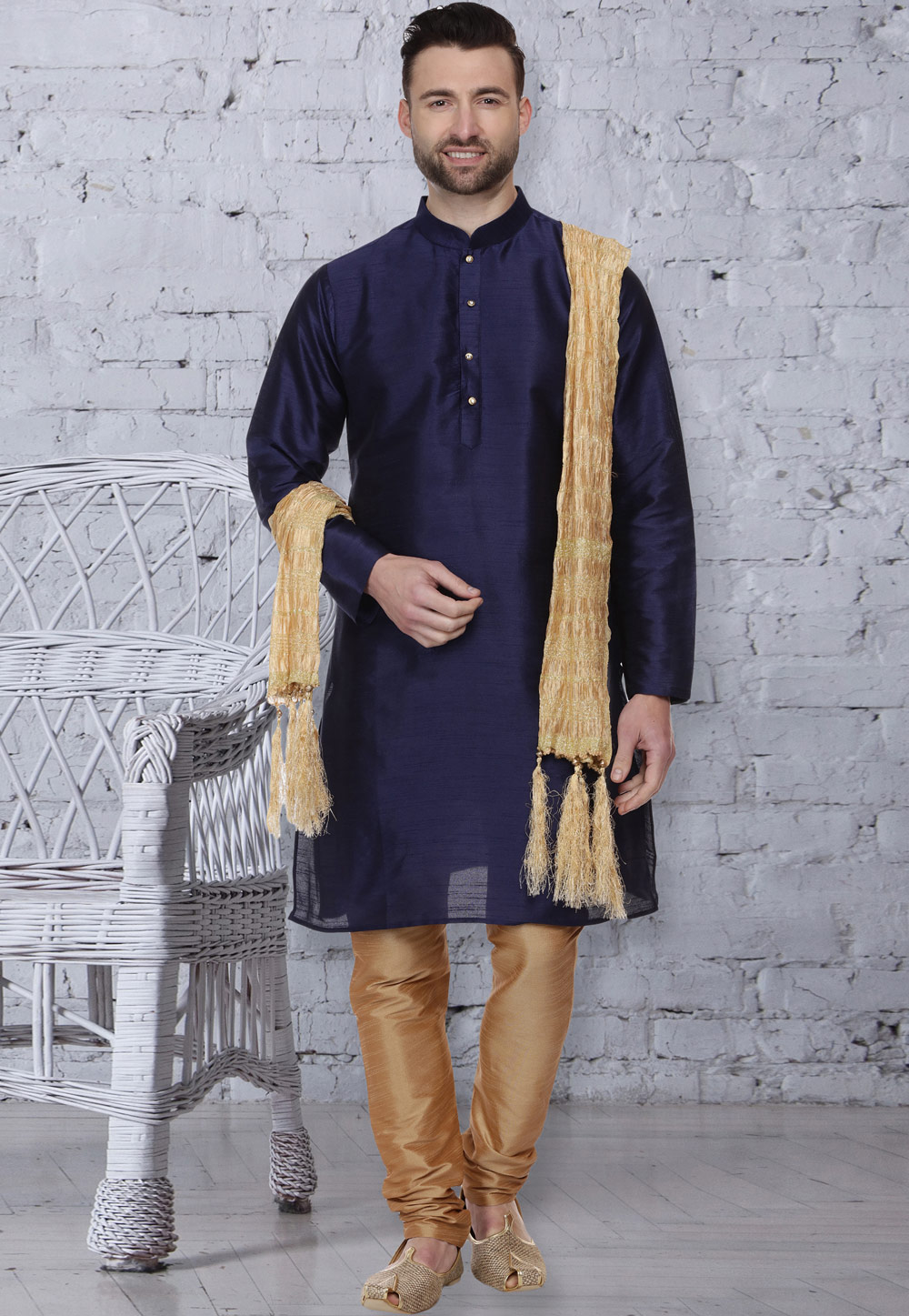 Navy Blue Dupion Silk Readymade Kurta Pajama 160967