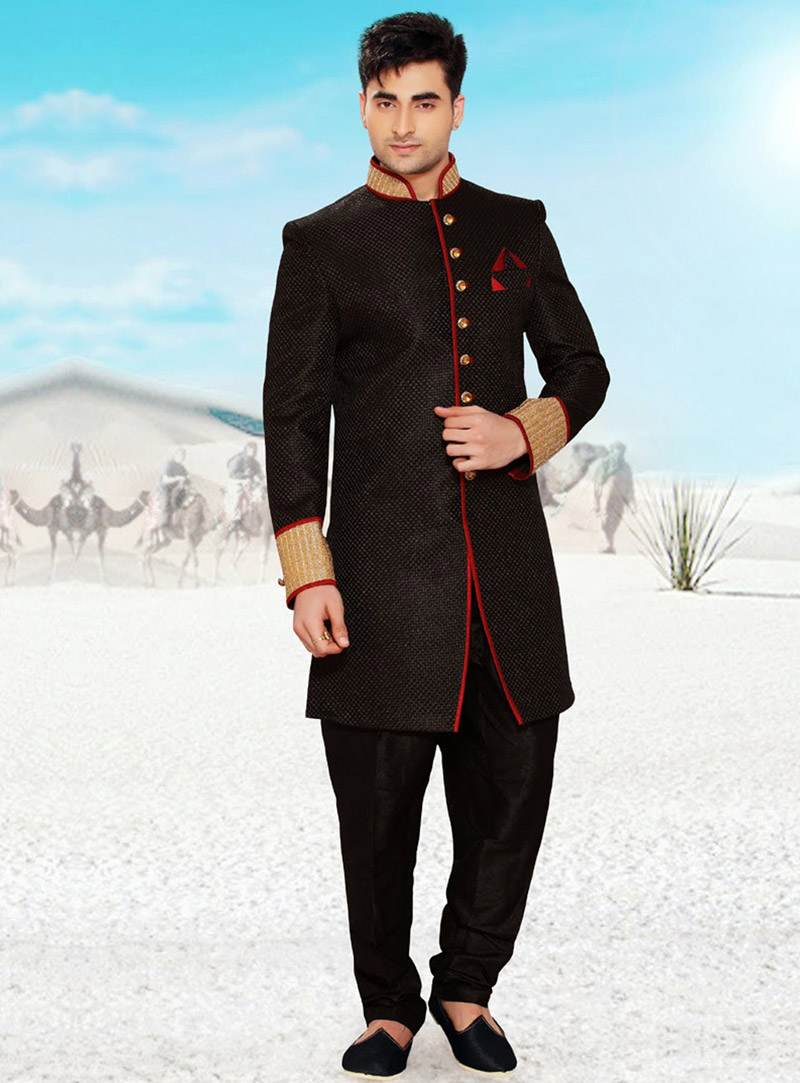Black Banarasi Indo Western Sherwani 47952