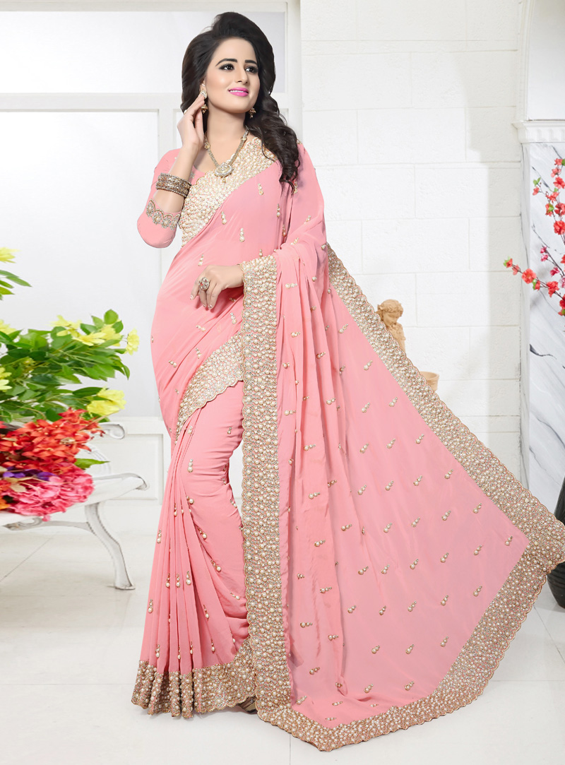 Pink Georgette Patch Lace Work Saree 117208