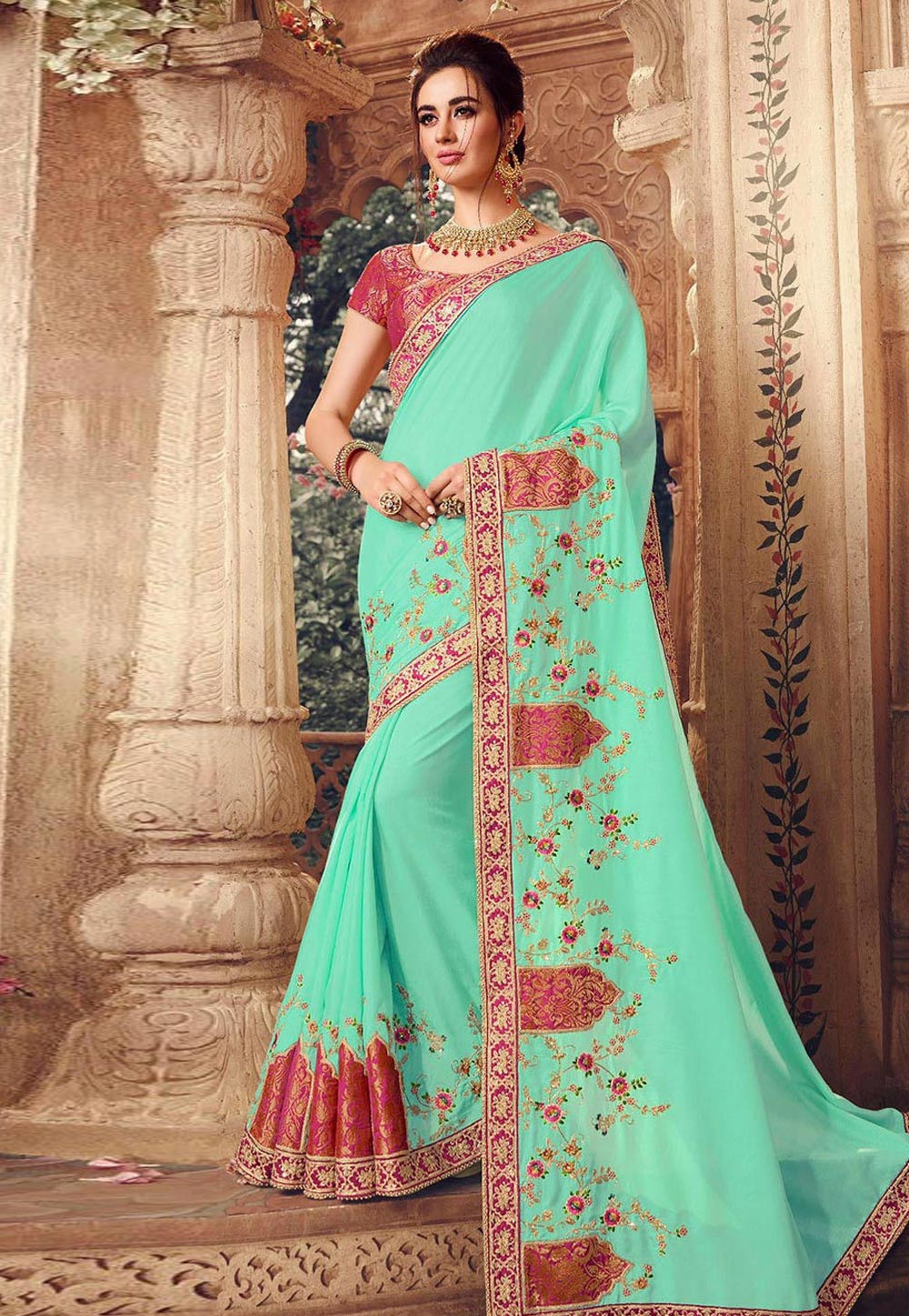 Light Green Silk Embroidered Festival Wear Saree 216886
