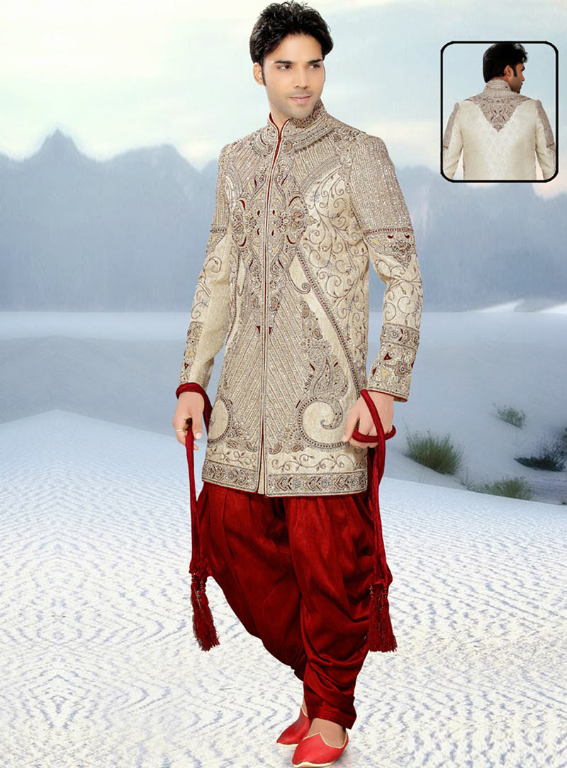 Off White Art Silk Indo Western Sherwani 47956