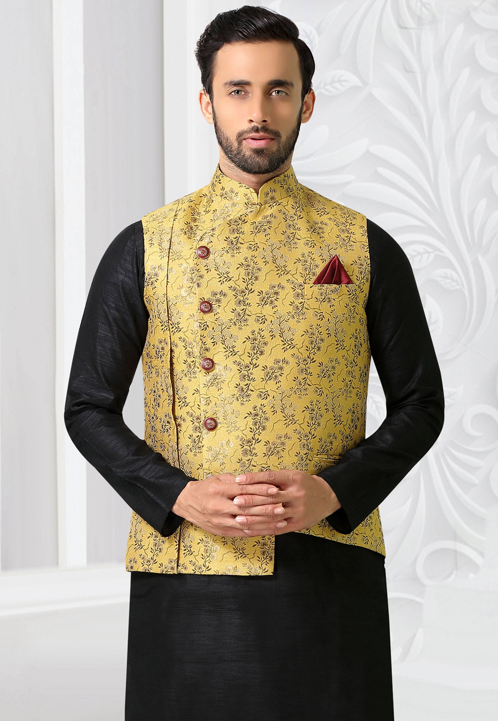 Yellow Jacquard Readymade Nehru Jacket 213561