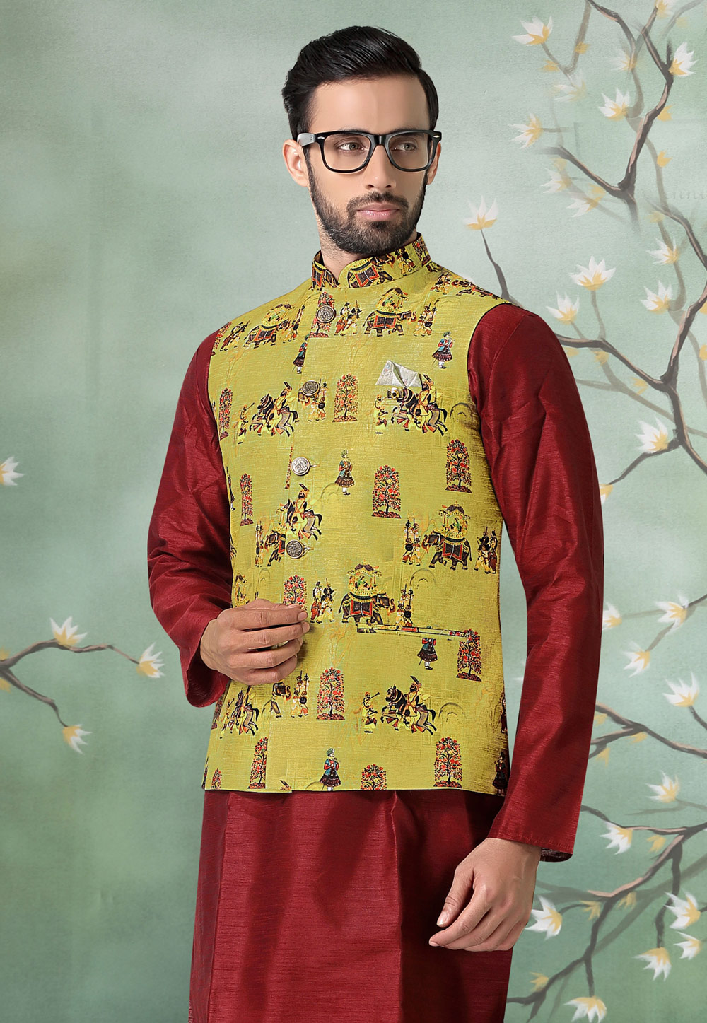 Yellow Silk Readymade Nehru Jacket 213565