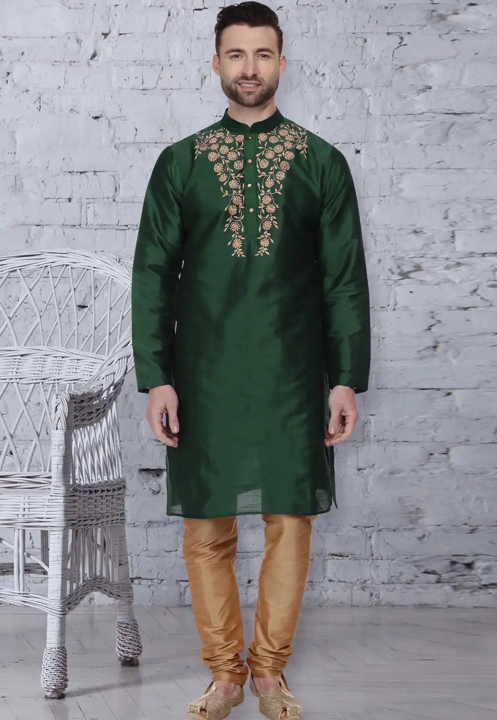 Green Dupion Silk Readymade Kurta Pajama 203904