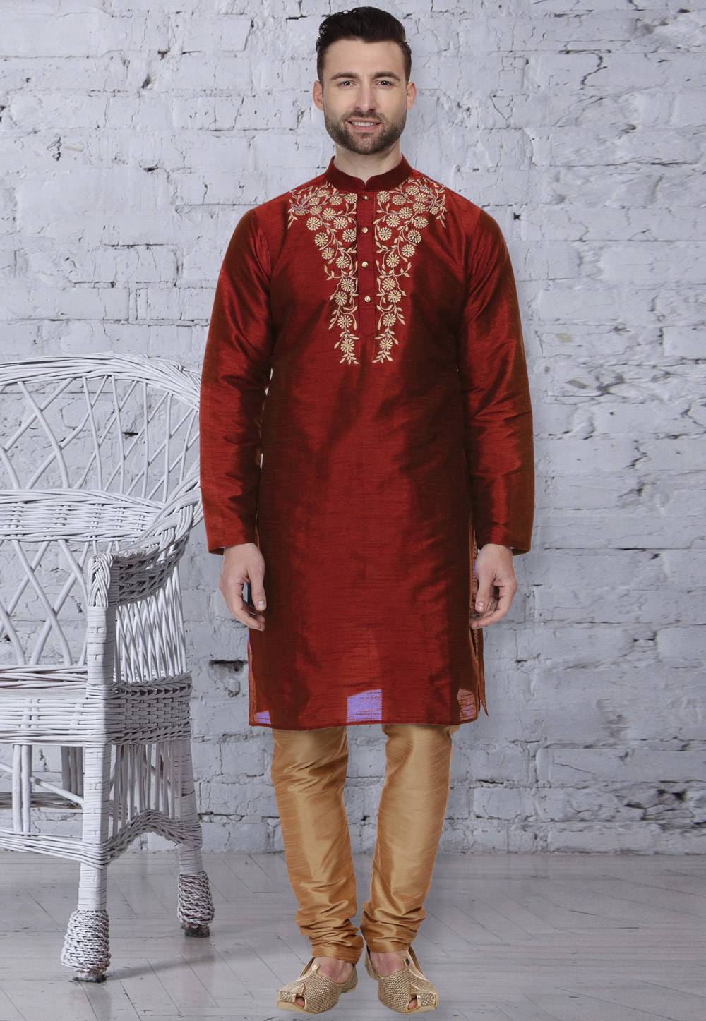 Maroon Dupion Silk Readymade Kurta Pajama 203905