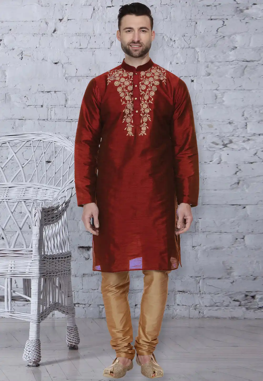 Maroon Dupion Silk Readymade Kurta Pajama 203905