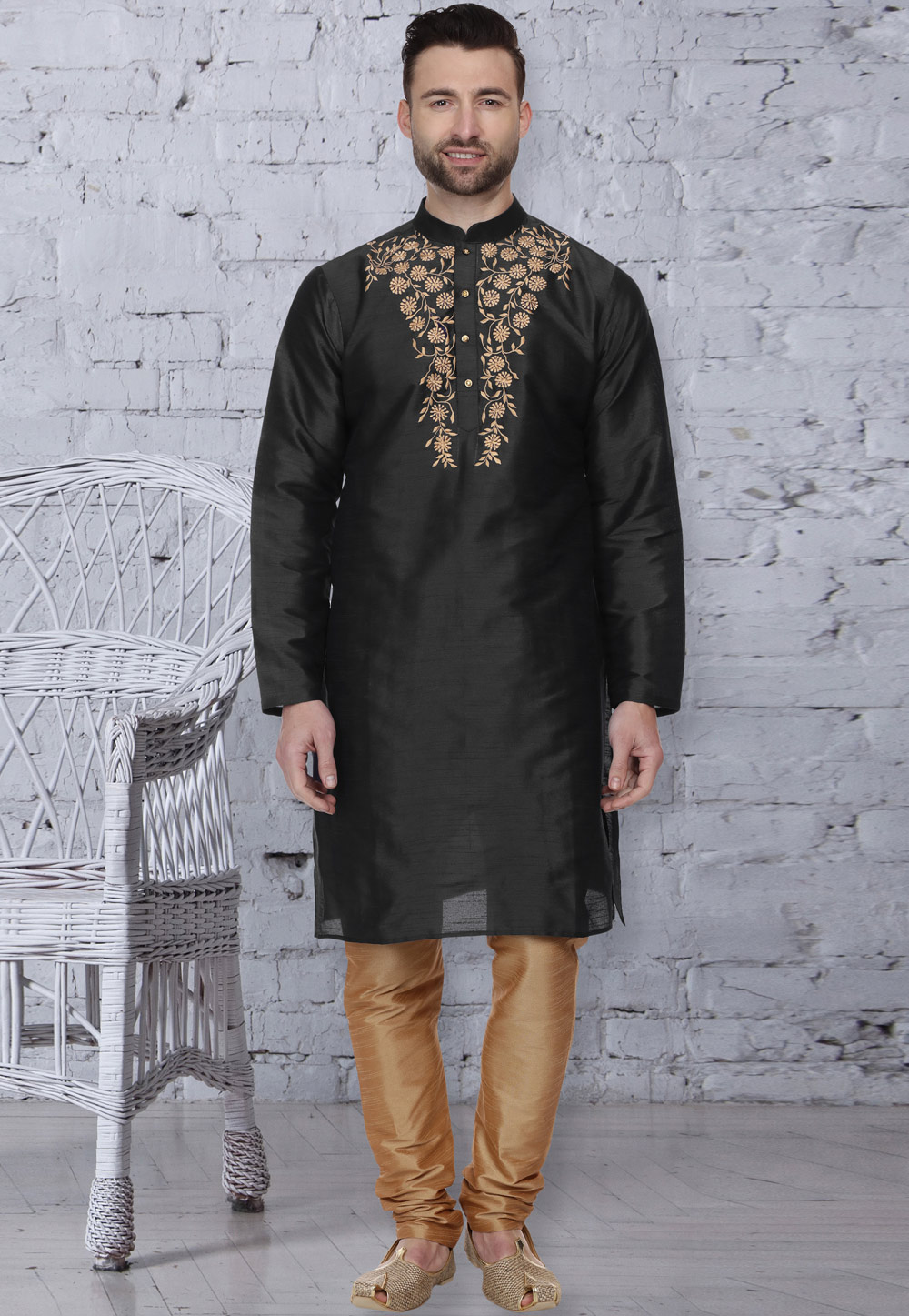 Black Dupion Silk Readymade Kurta Pajama 203906