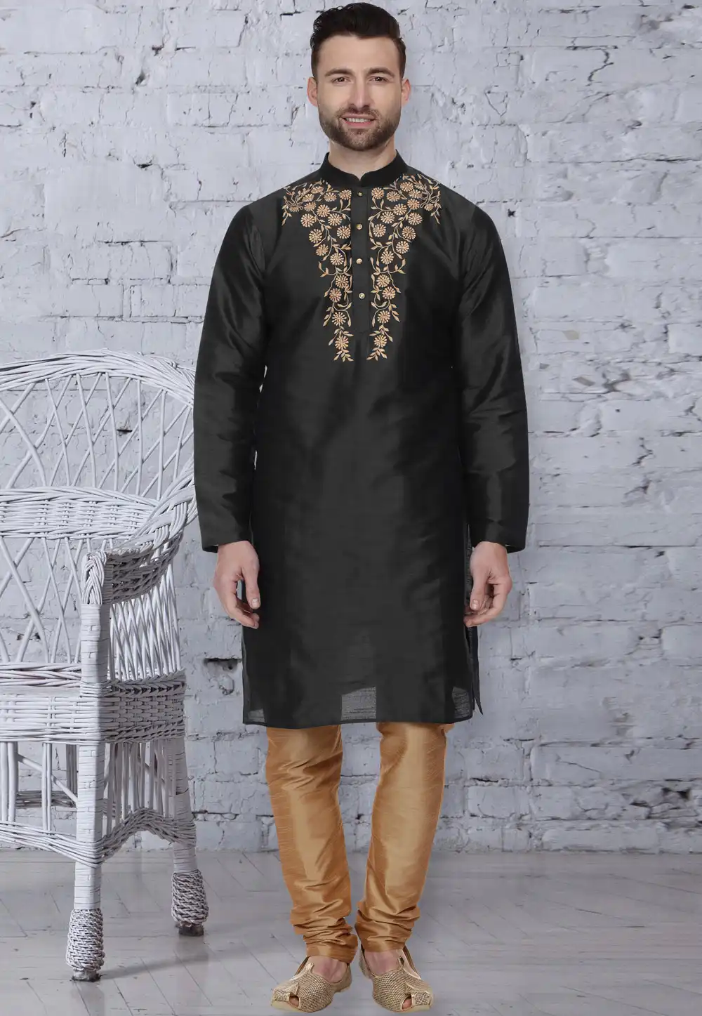Black Dupion Silk Readymade Kurta Pajama 203906