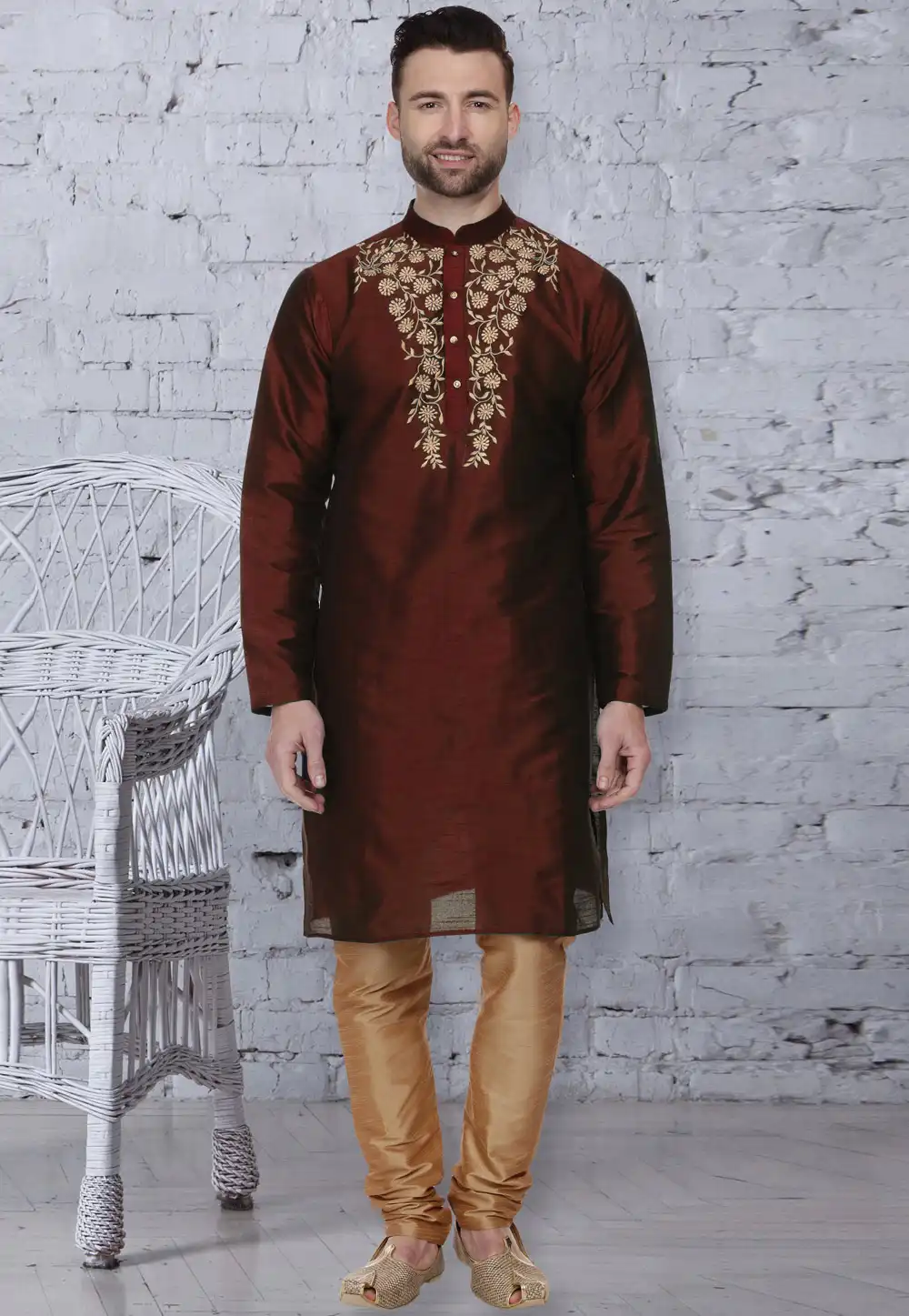 Maroon Dupion Silk Readymade Kurta Pajama 203907