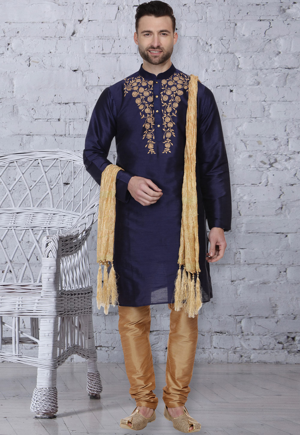 Navy Blue Dupion Silk Readymade Kurta Pajama 160968