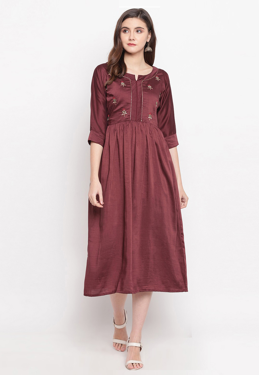 Maroon Cotton Silk Readymade Kurti 213837
